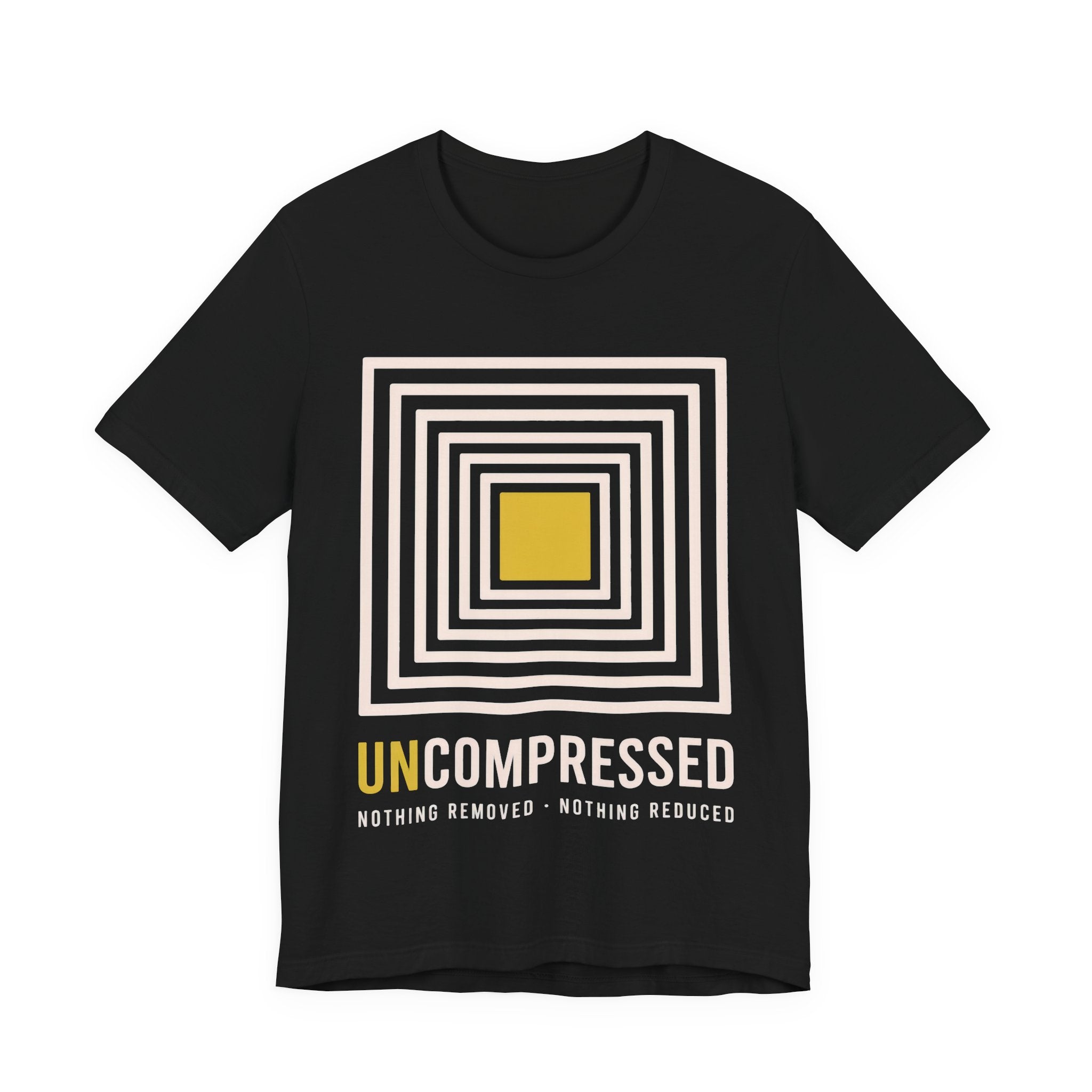 Black t-shirt with geometric design and 'UNCOMPRESSED' text on a white background