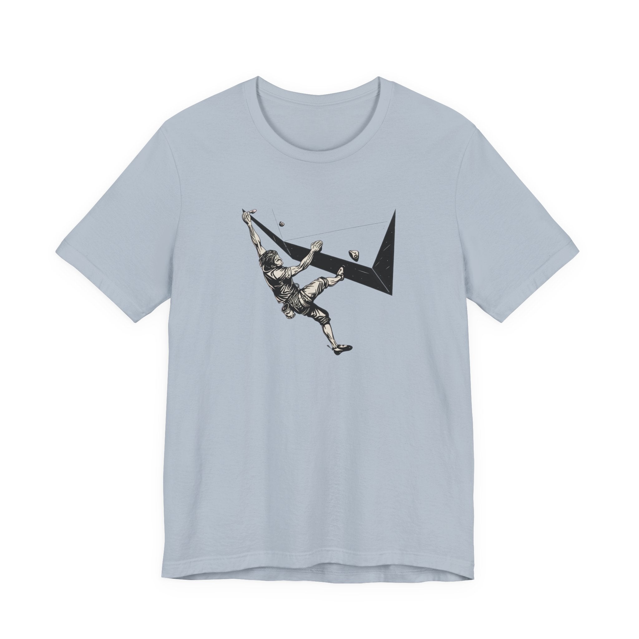 Light blue t-shirt with graphic design of a person climbing a mountain on a white background