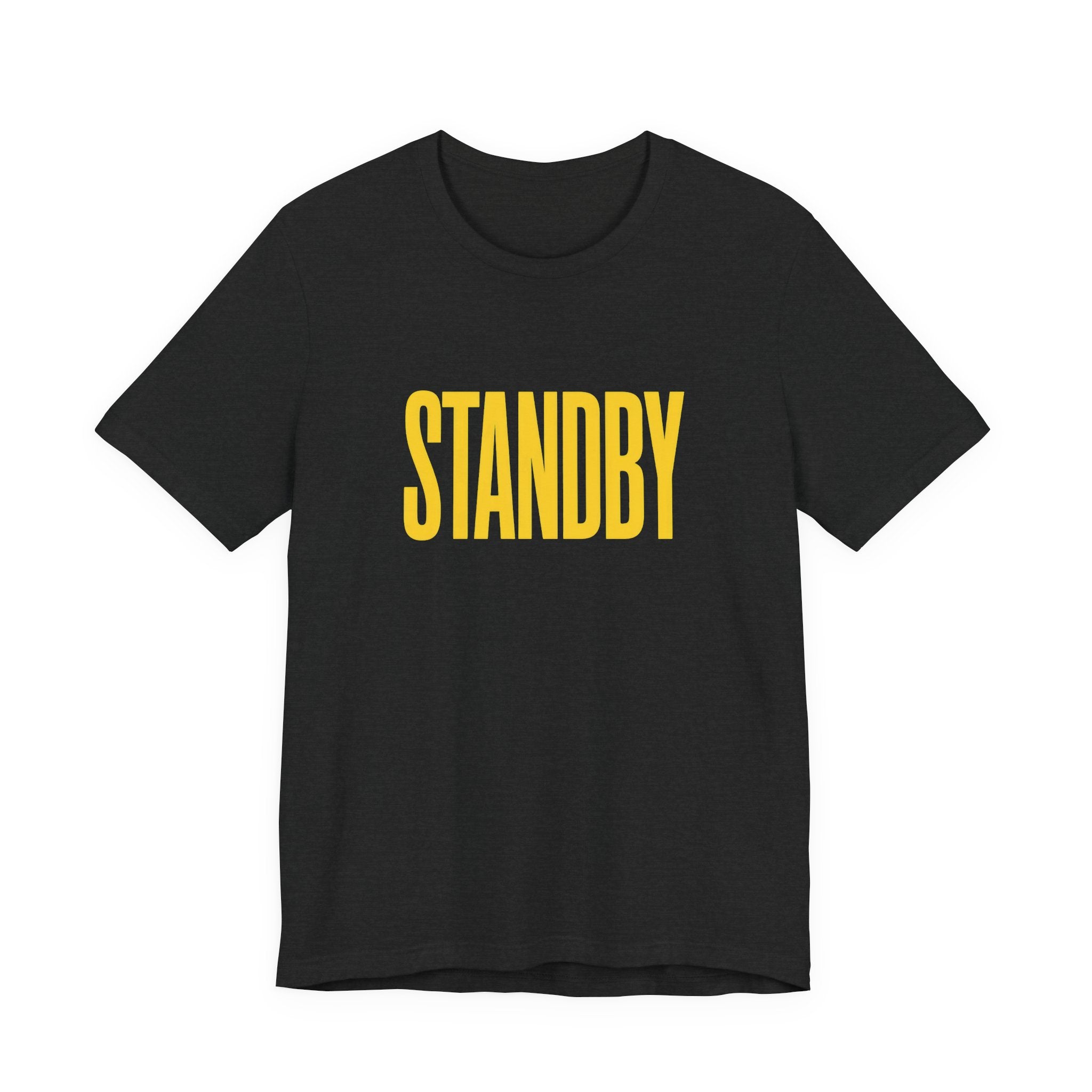 Black t-shirt with yellow 'STANDBY' text on a white background