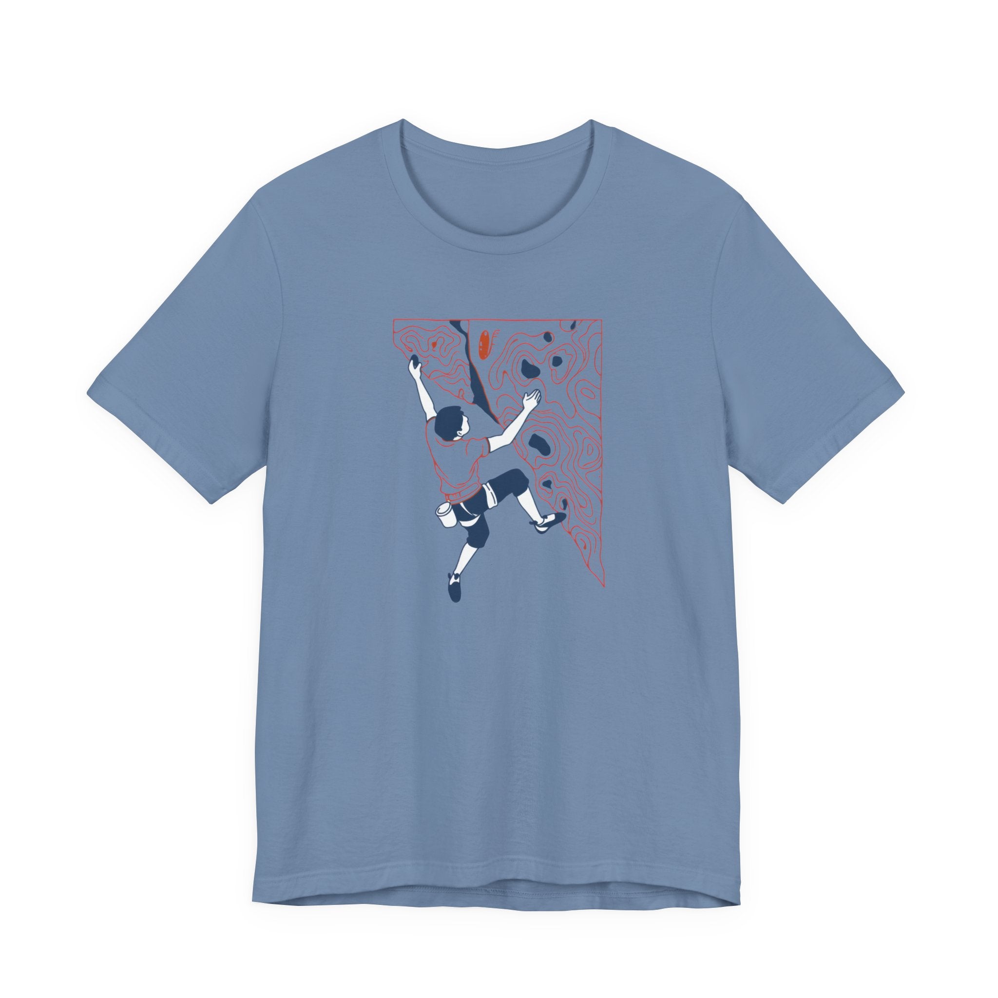 Blue t-shirt with a graphic of a climber on a rock wall on a white background