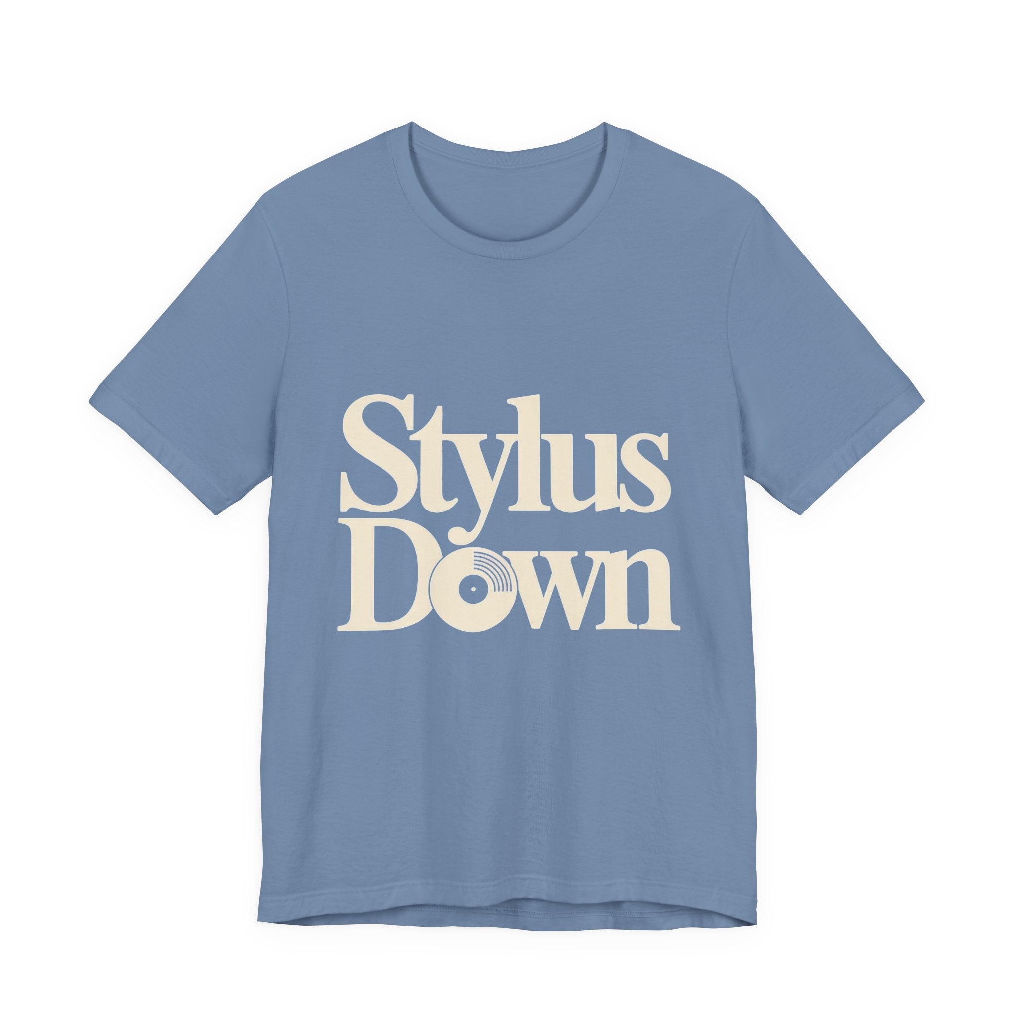 Light blue t-shirt with 'Stylus Down' text on a white background