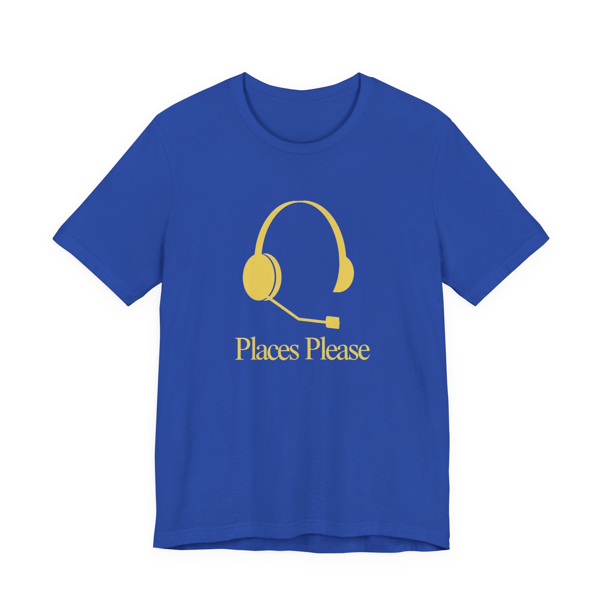 Blue t-shirt with yellow headset graphic and 'Places Please' text on a white background