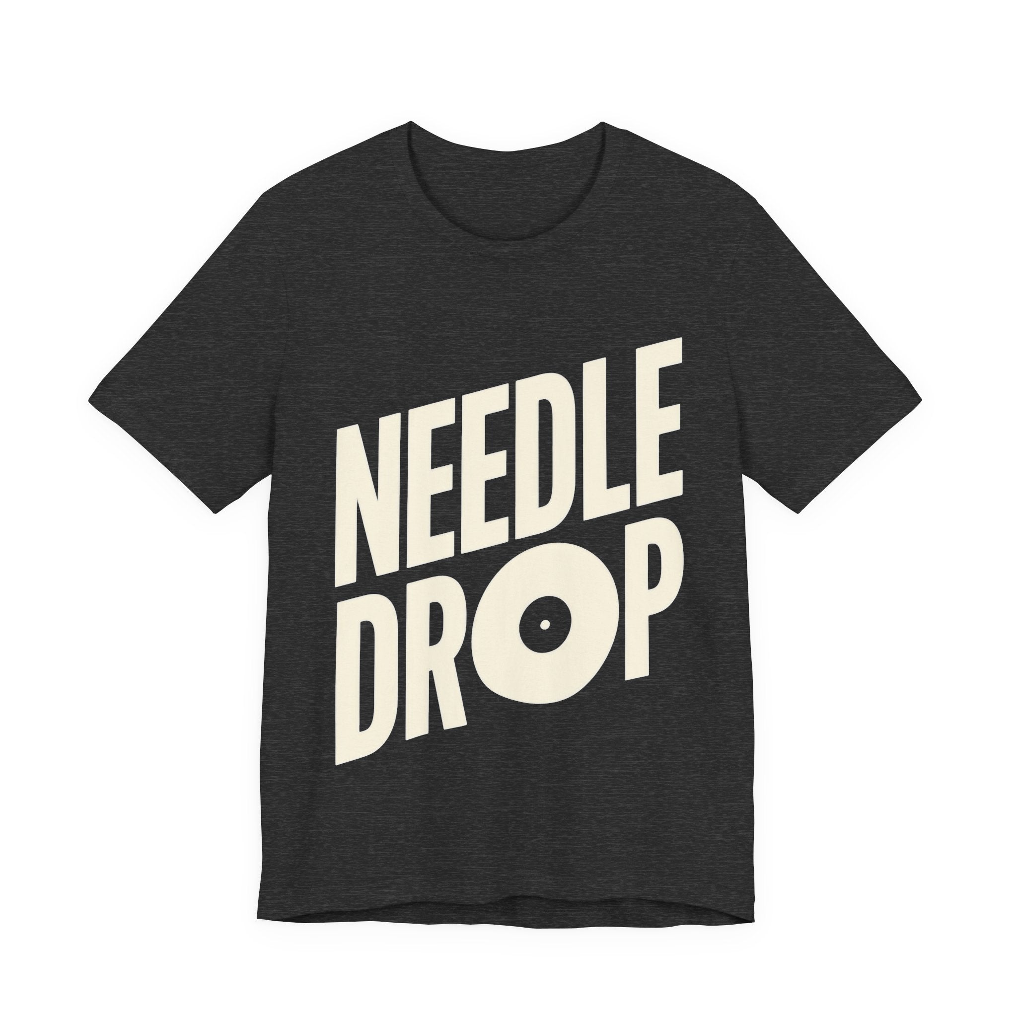 Dark gray t-shirt with 'NEEDLE DROP' text on a white background