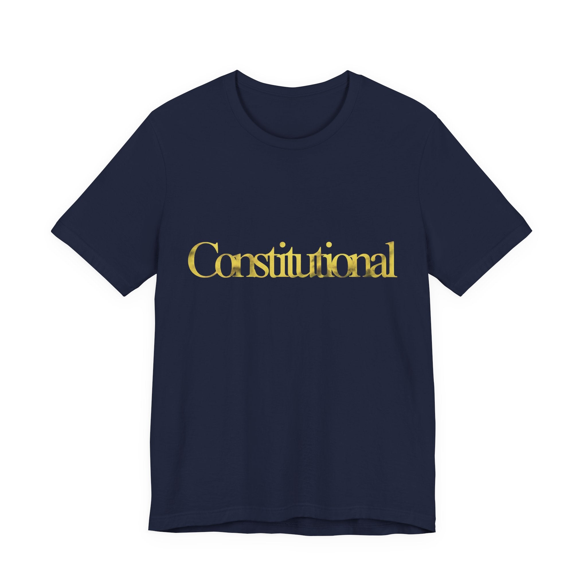 Navy blue t-shirt with 'Constitutional' in gold on a white background