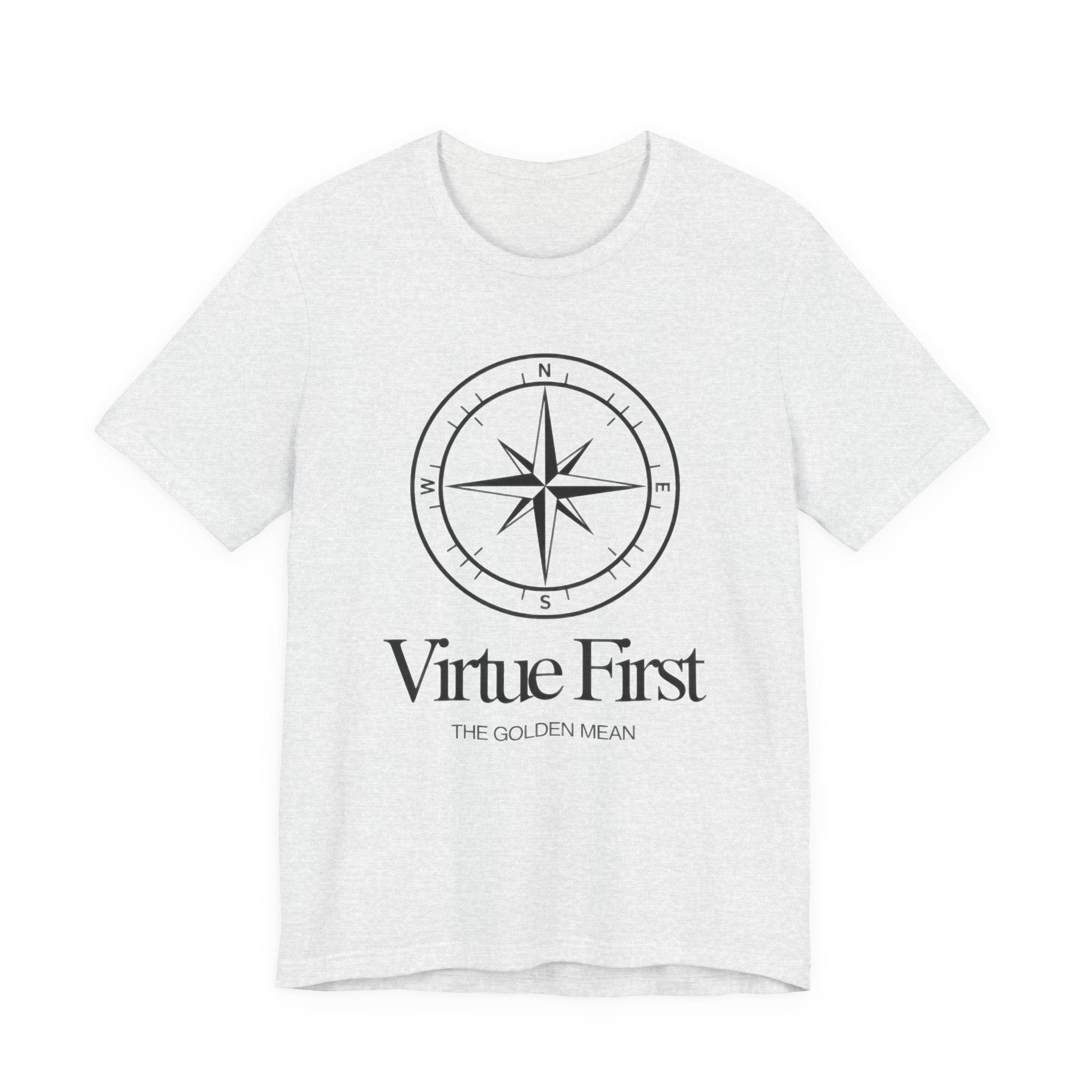 White t-shirt with black compass design and 'Virtue First' text on a white background