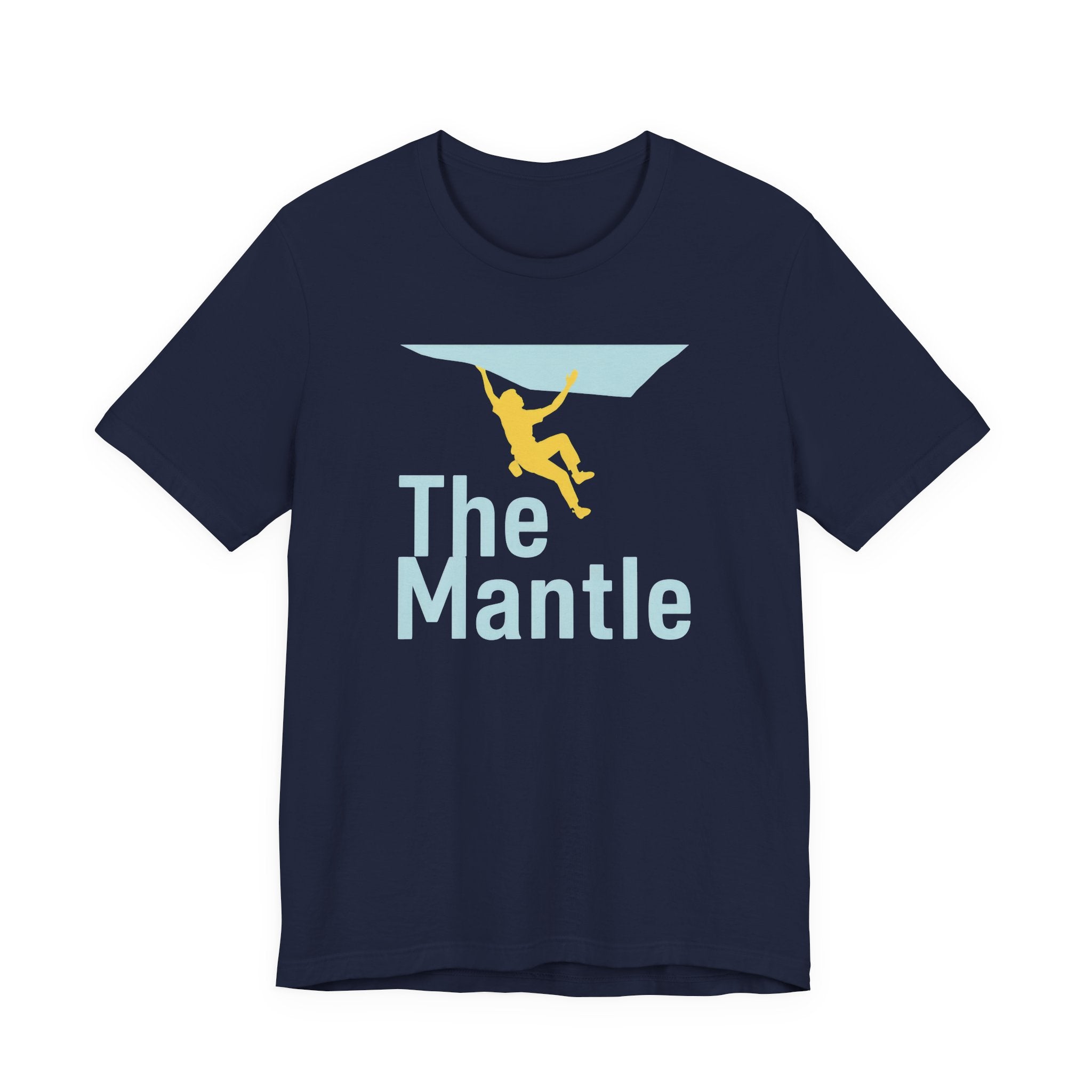 Navy blue t-shirt with 'The Mantle' graphic design on a white background