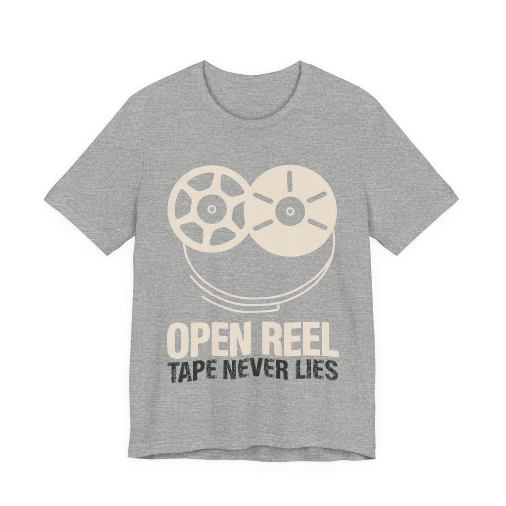 Gray t-shirt with reel-to-reel tape graphic and text 'Open Reel Tape Never Lies' on a white background