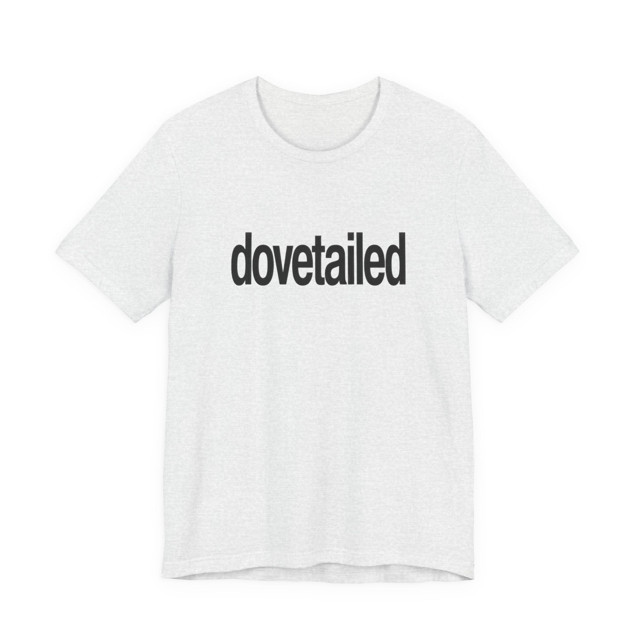 White t-shirt with 'dovetailed' text on a white background
