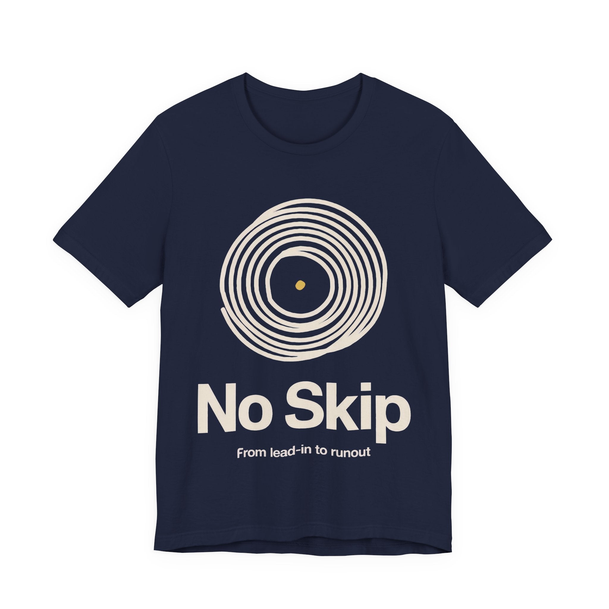 Navy blue t-shirt with 'No Skip' graphic design on a white background