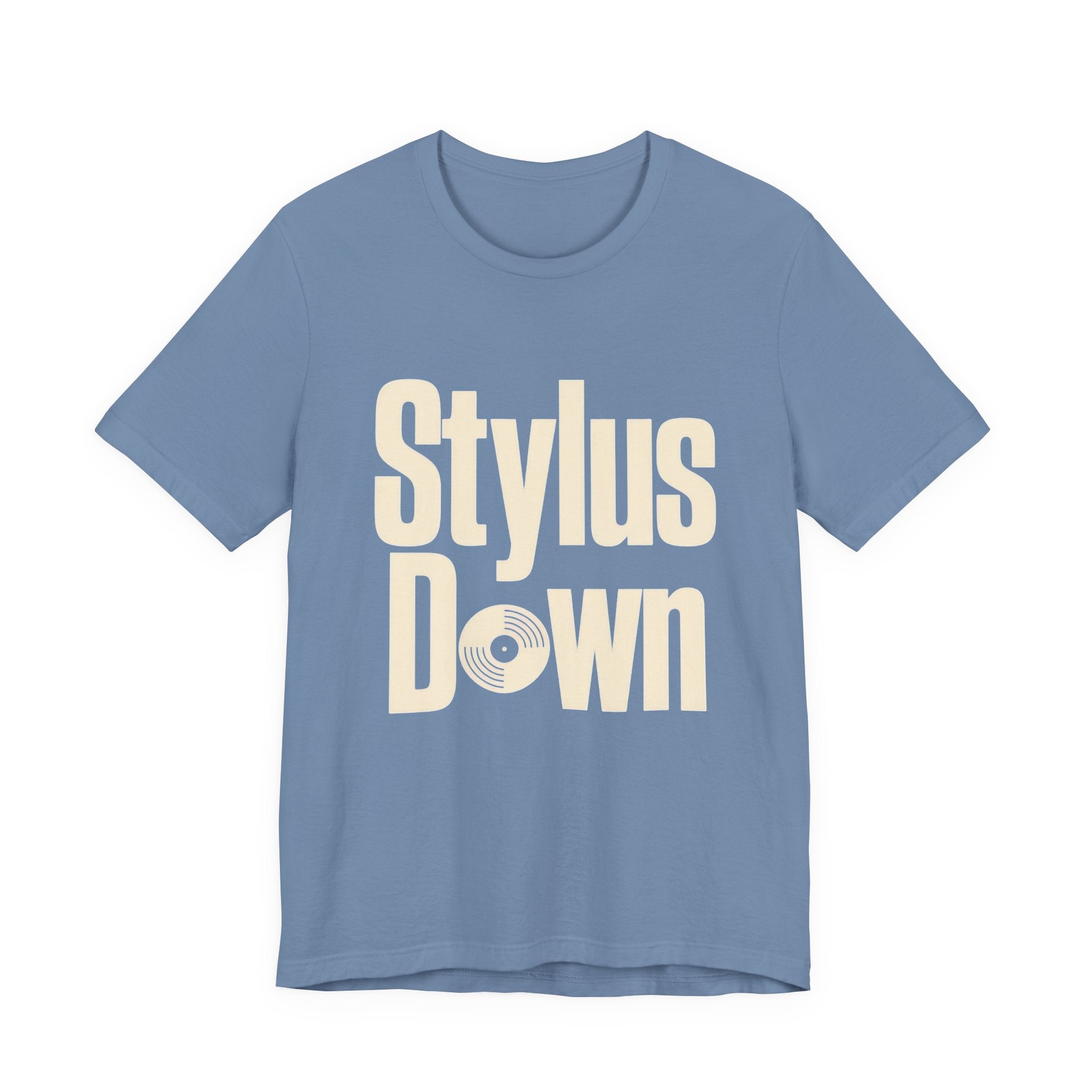 Blue t-shirt with 'Stylus Down' text on a white background