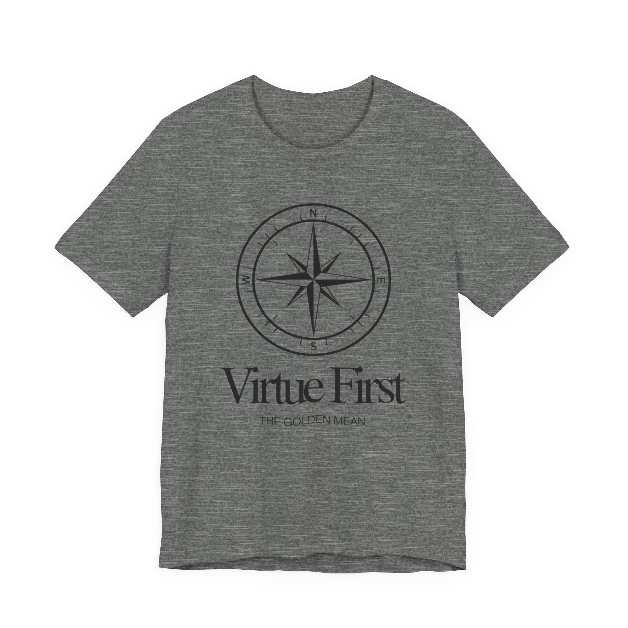 Grey t-shirt with 'VIRTUE FIRST' text on a white background