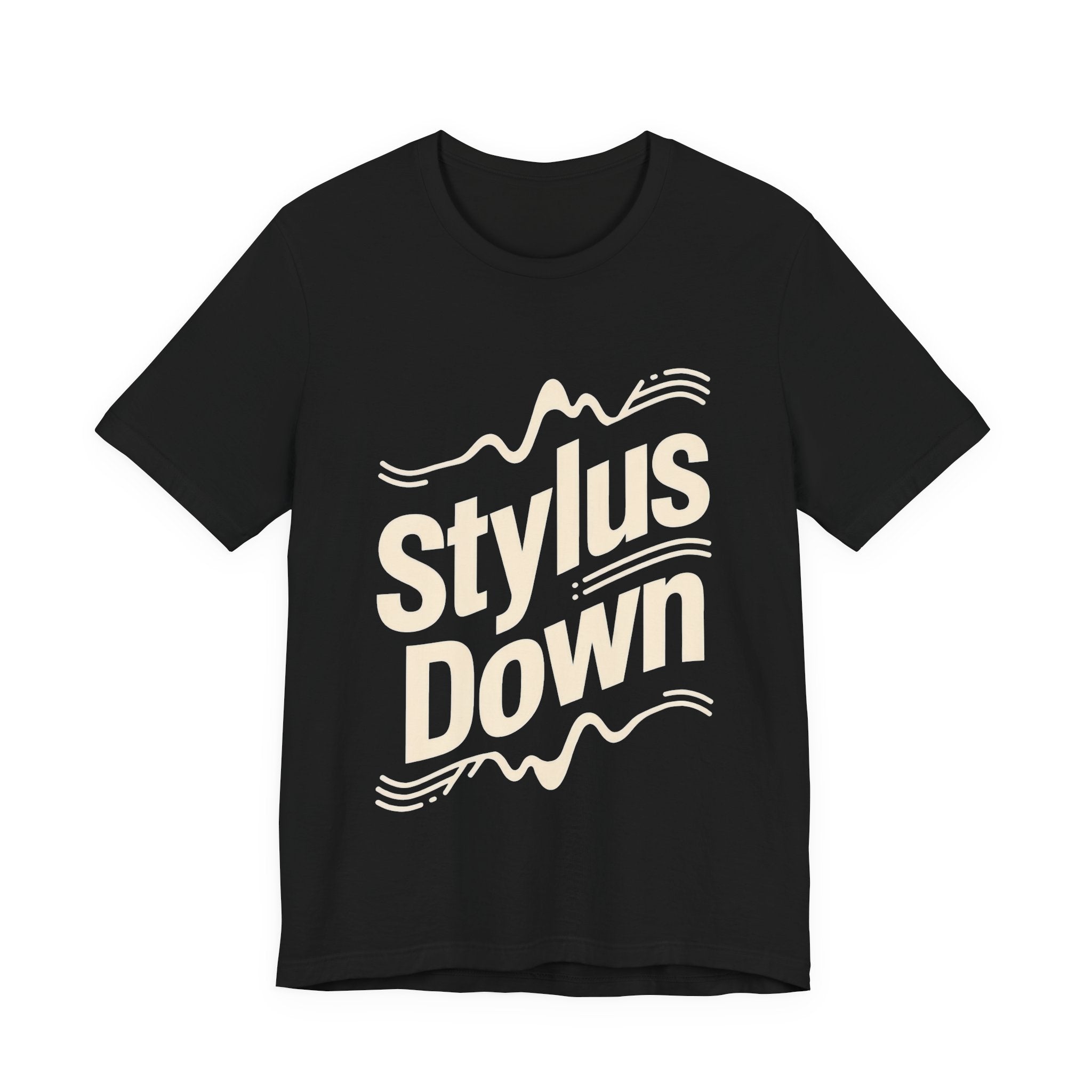Black t-shirt with text 'Stylus Down' and graphic design on a white background