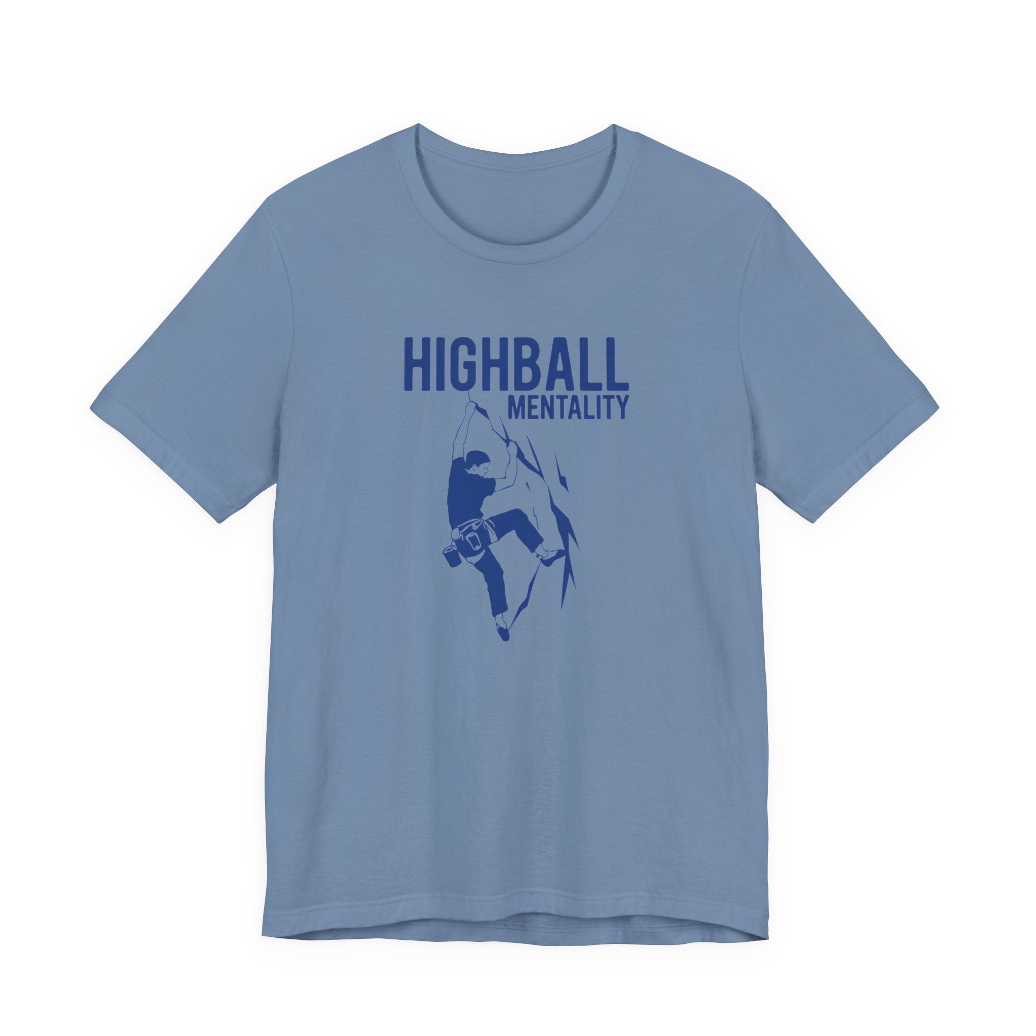 Blue t-shirt with 'HIGHBALL MENTALITY' text and graphic on a white background