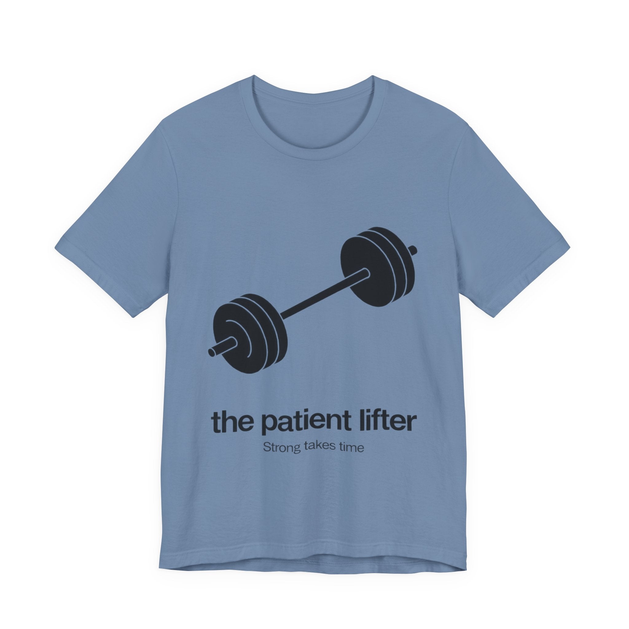 Blue t-shirt with a barbell graphic and 'the patient lifter' text on a white background