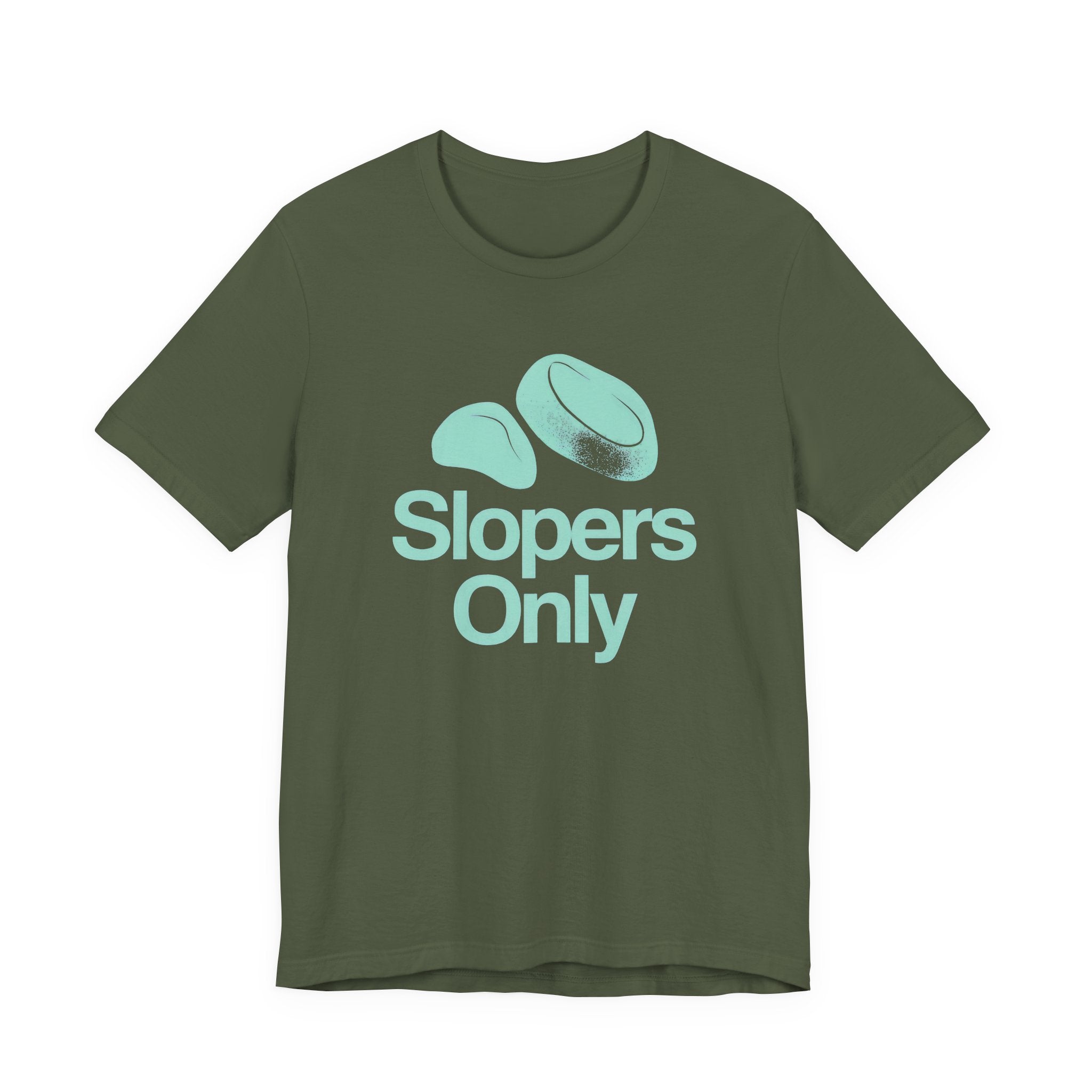 Green t-shirt with 'Slopers Only' text and graphic on a white background