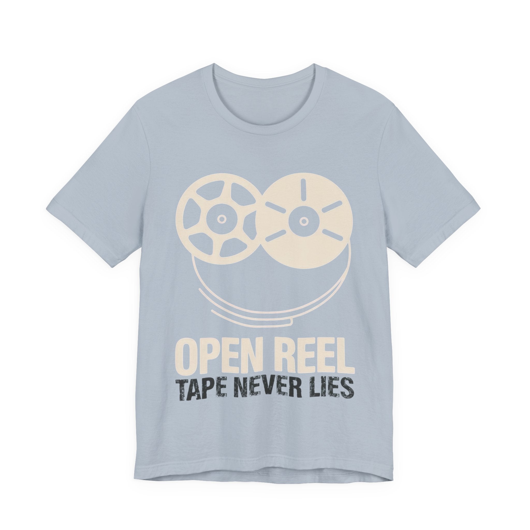 Light blue t-shirt with reel-to-reel tape graphic and text on a white background