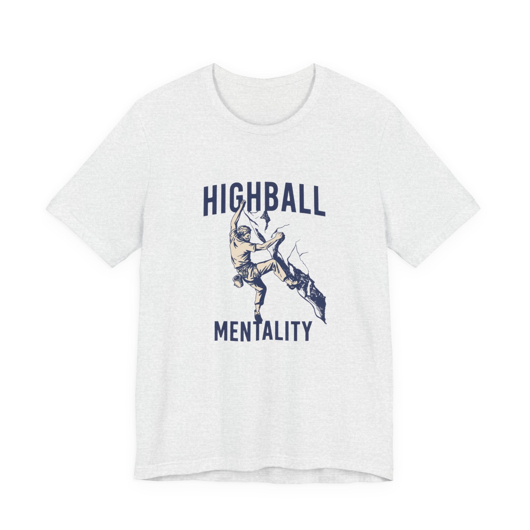 Ash t-shirt with graphic design and text 'HIGHBALL MENTALITY' on a white background