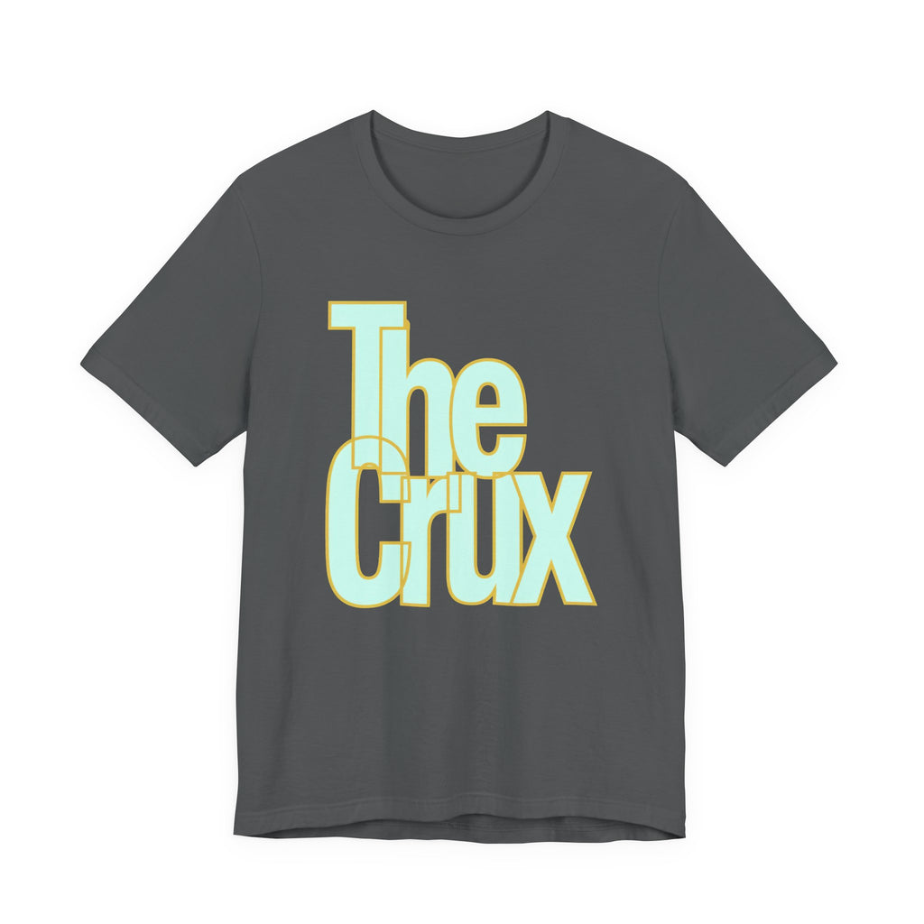 Gray t-shirt with 'The Crux' text in yellow on a white background