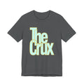 Gray t-shirt with 'The Crux' text in yellow on a white background