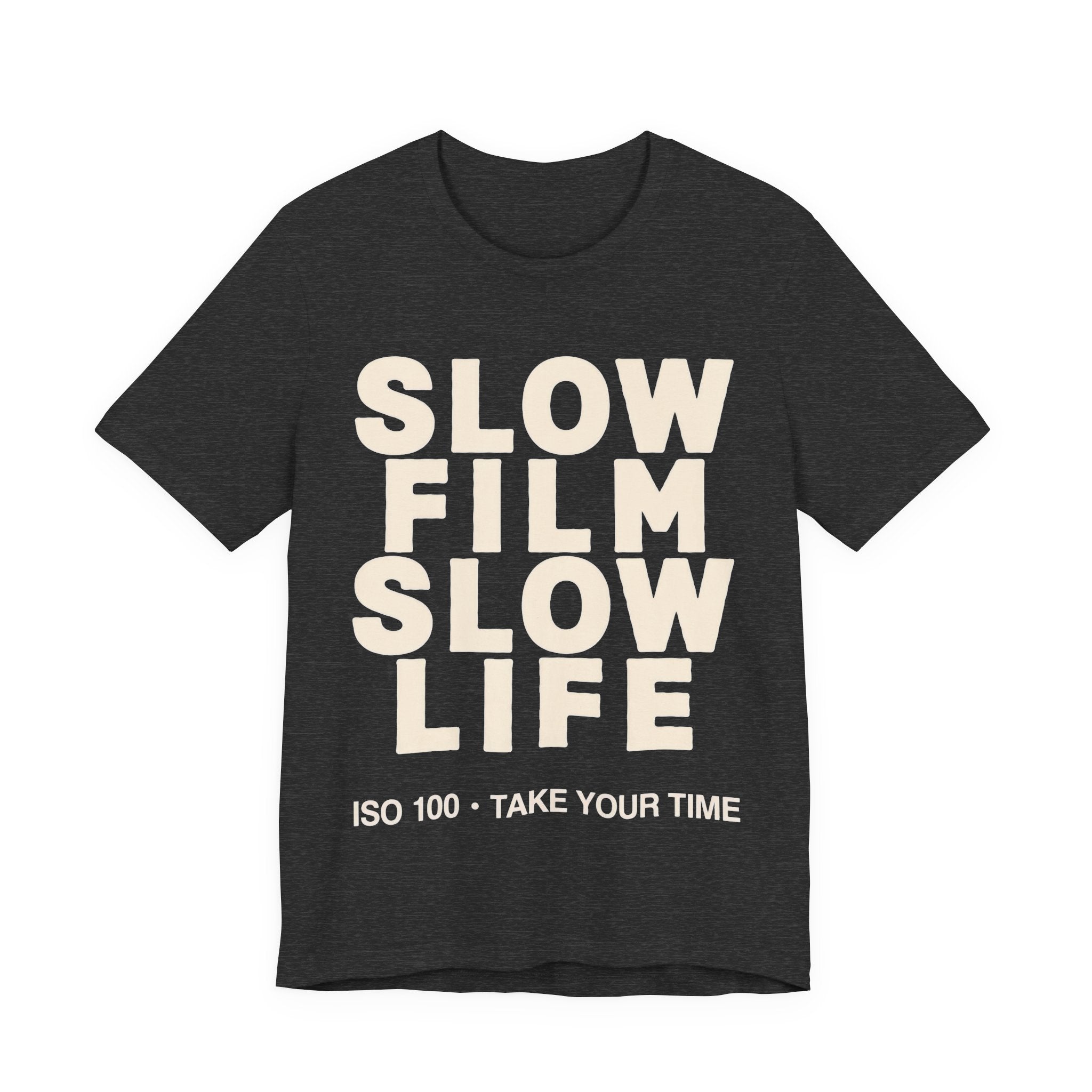 Black t-shirt with 'Slow Film Slow Life' text on a white background