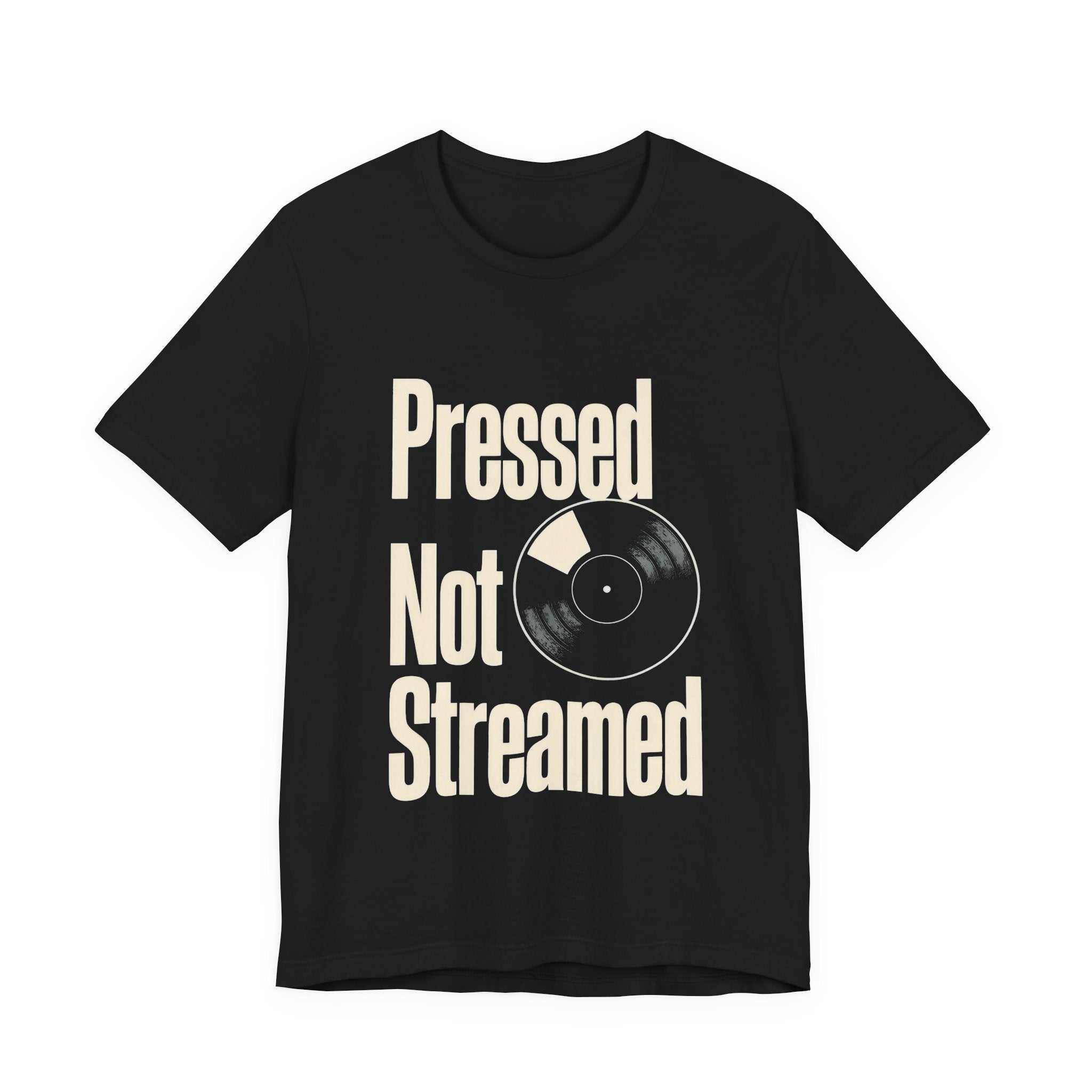 Black t-shirt with vinyl record graphic and text 'Pressed Not Streamed' on a dark background