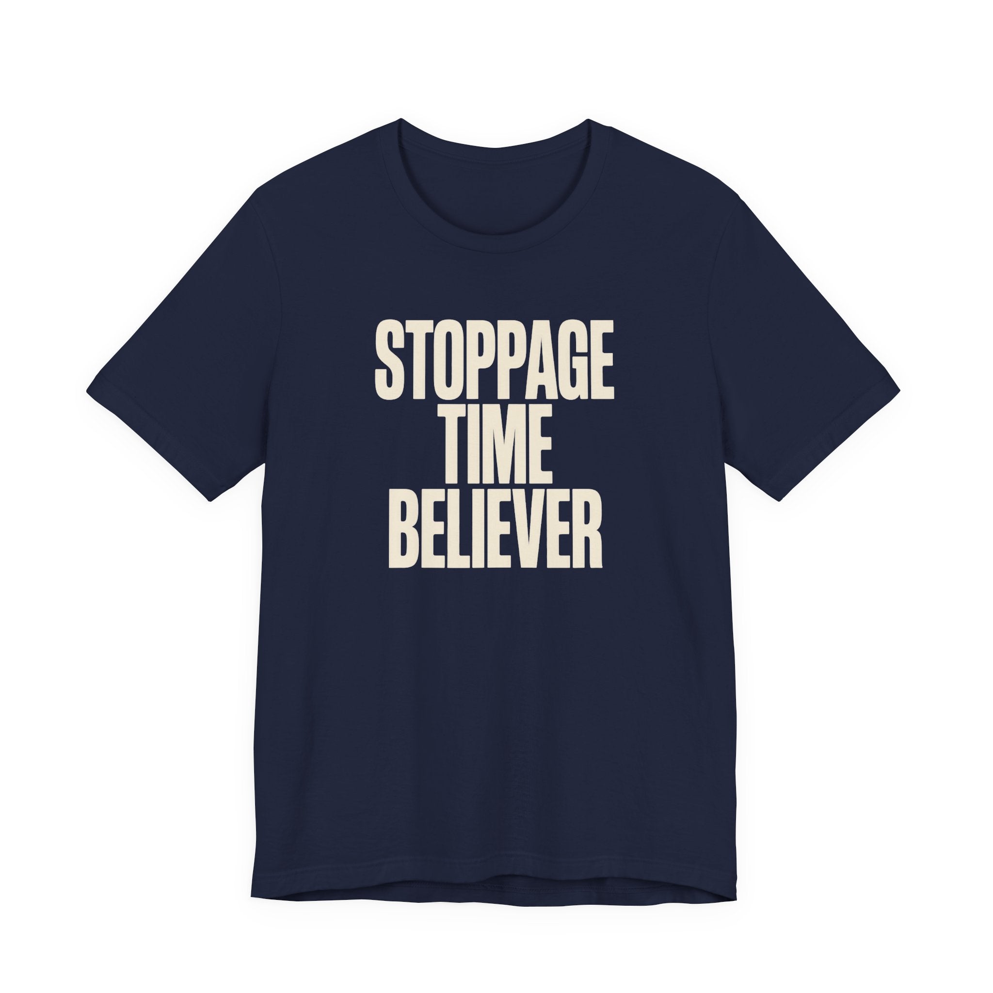 Navy t-shirt with 'Stoppage Time Believer' text on a white background