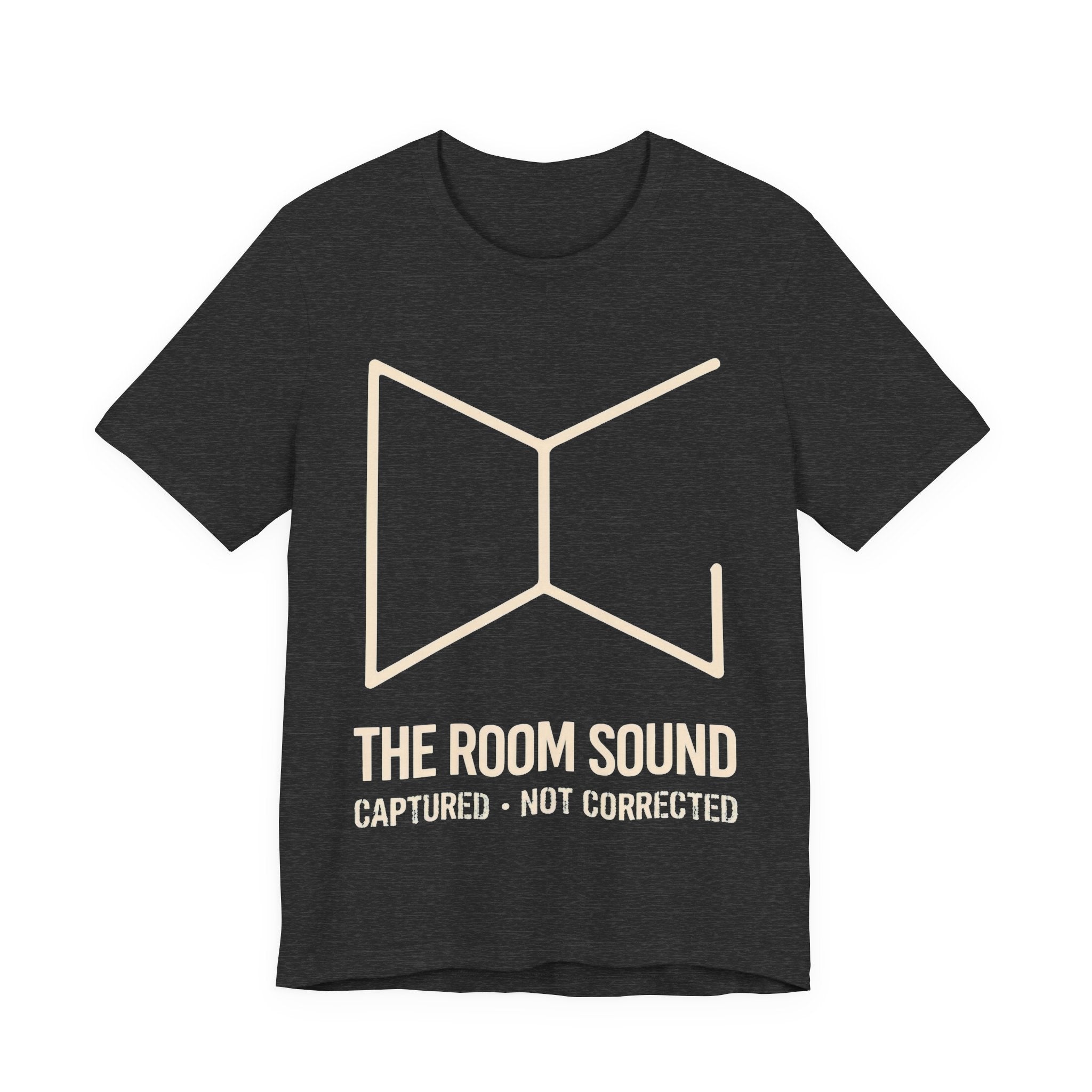 Dark gray t-shirt with gold geometric design and 'The Room Sound' text on a white background