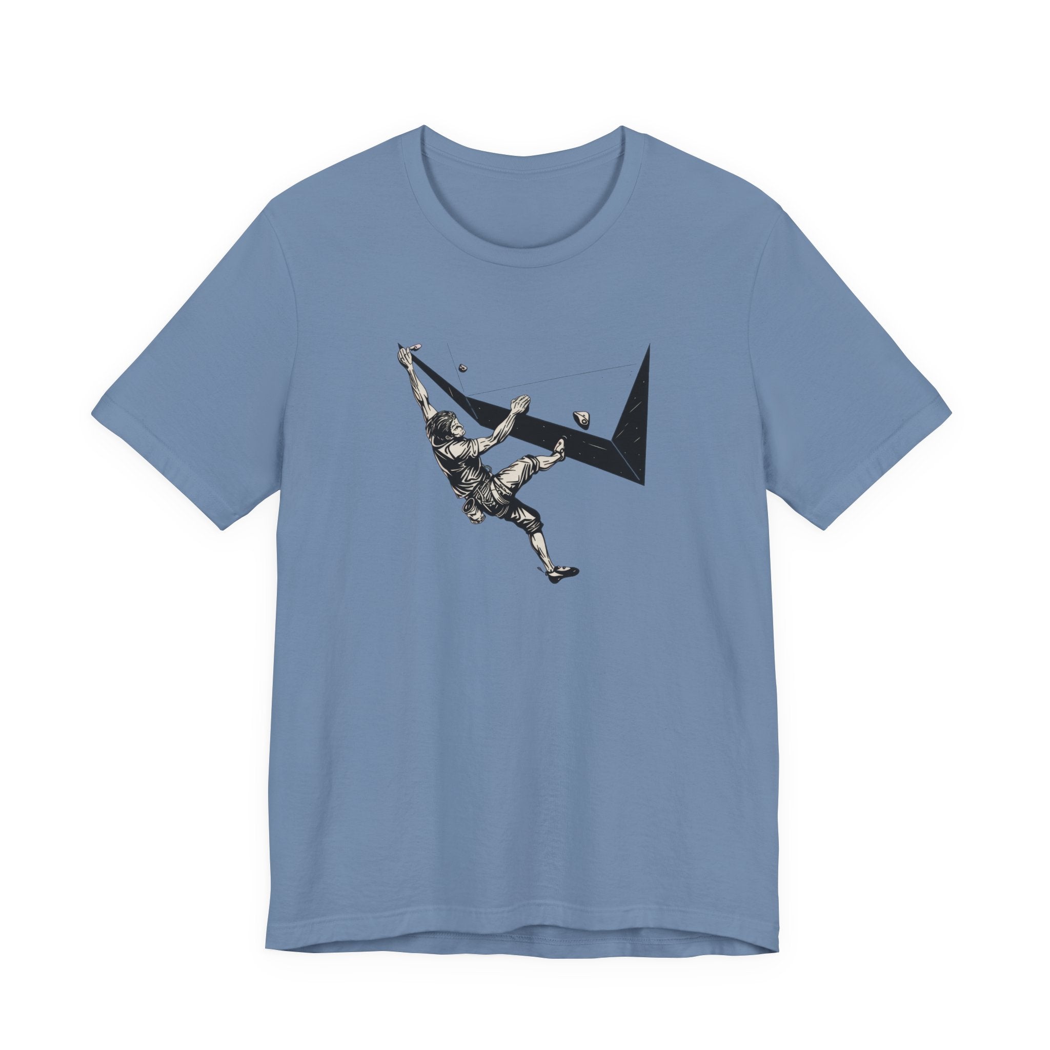 Blue t-shirt with black and white climbing graphic design on a white background