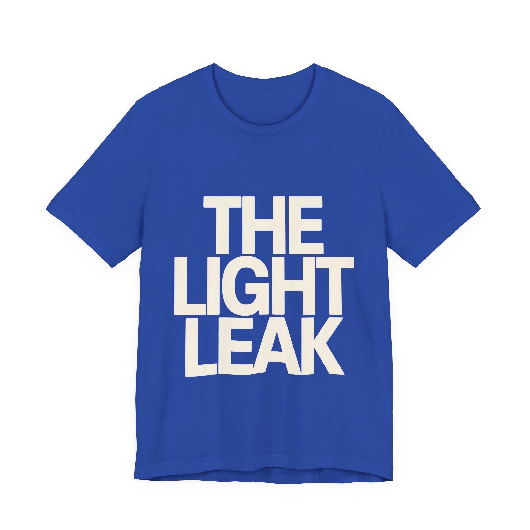 Blue t-shirt with 'THE LIGHT LEAK' text on a white background