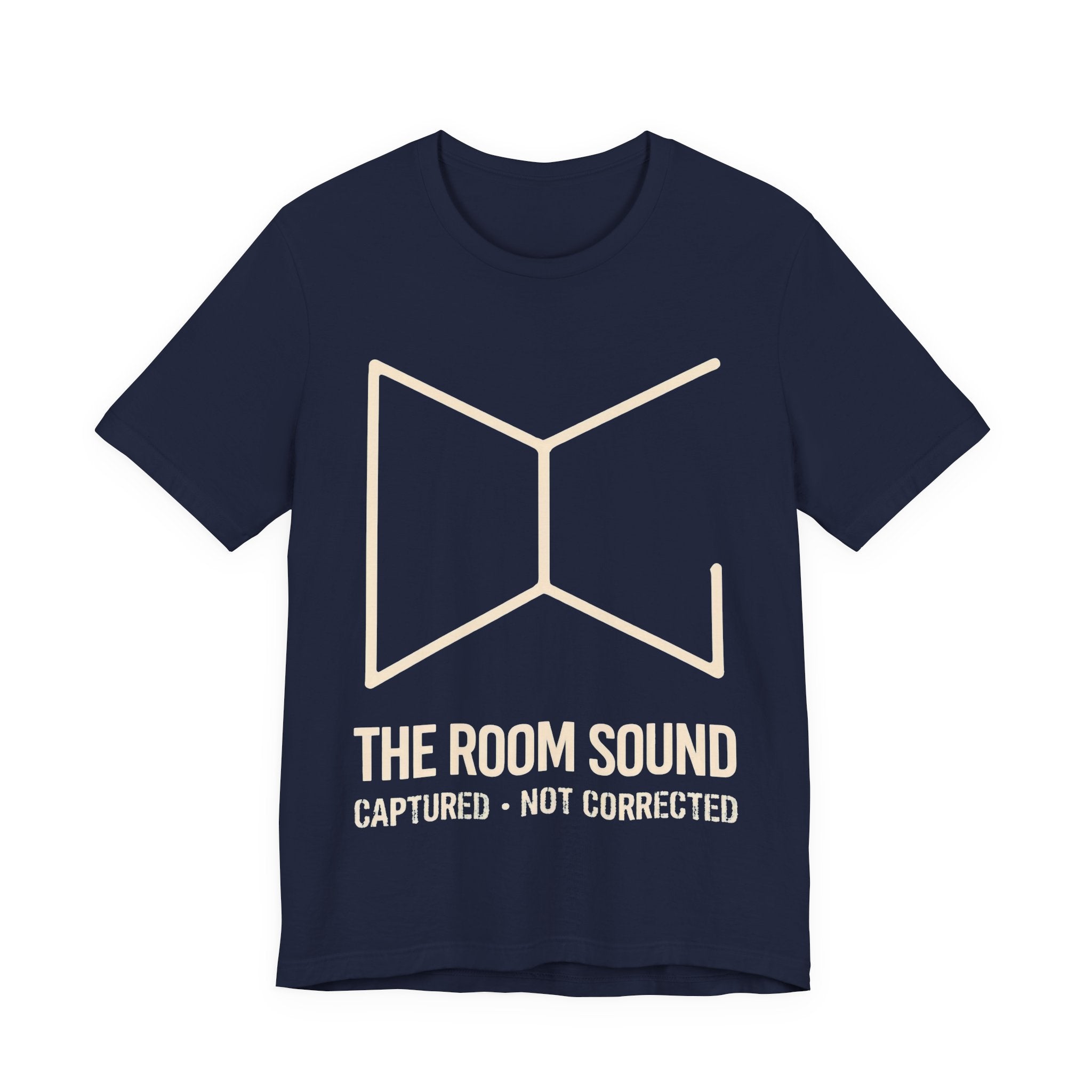 Navy t-shirt with gold geometric design and 'The Room Sound' text on a white background