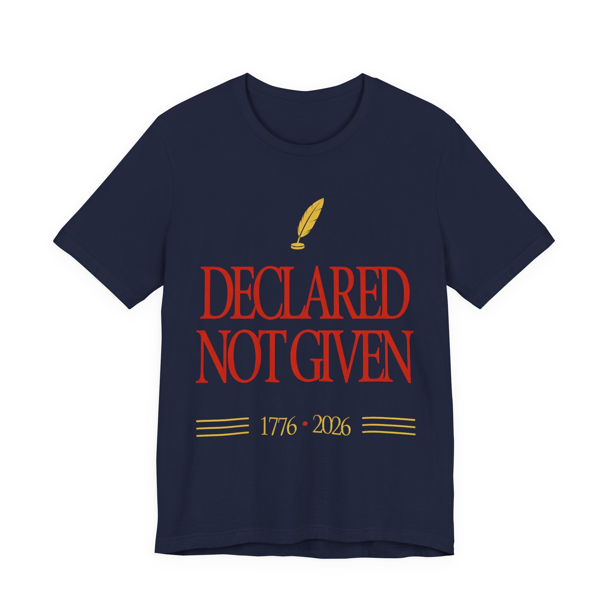 Navy t-shirt with red and yellow text and design on a white background