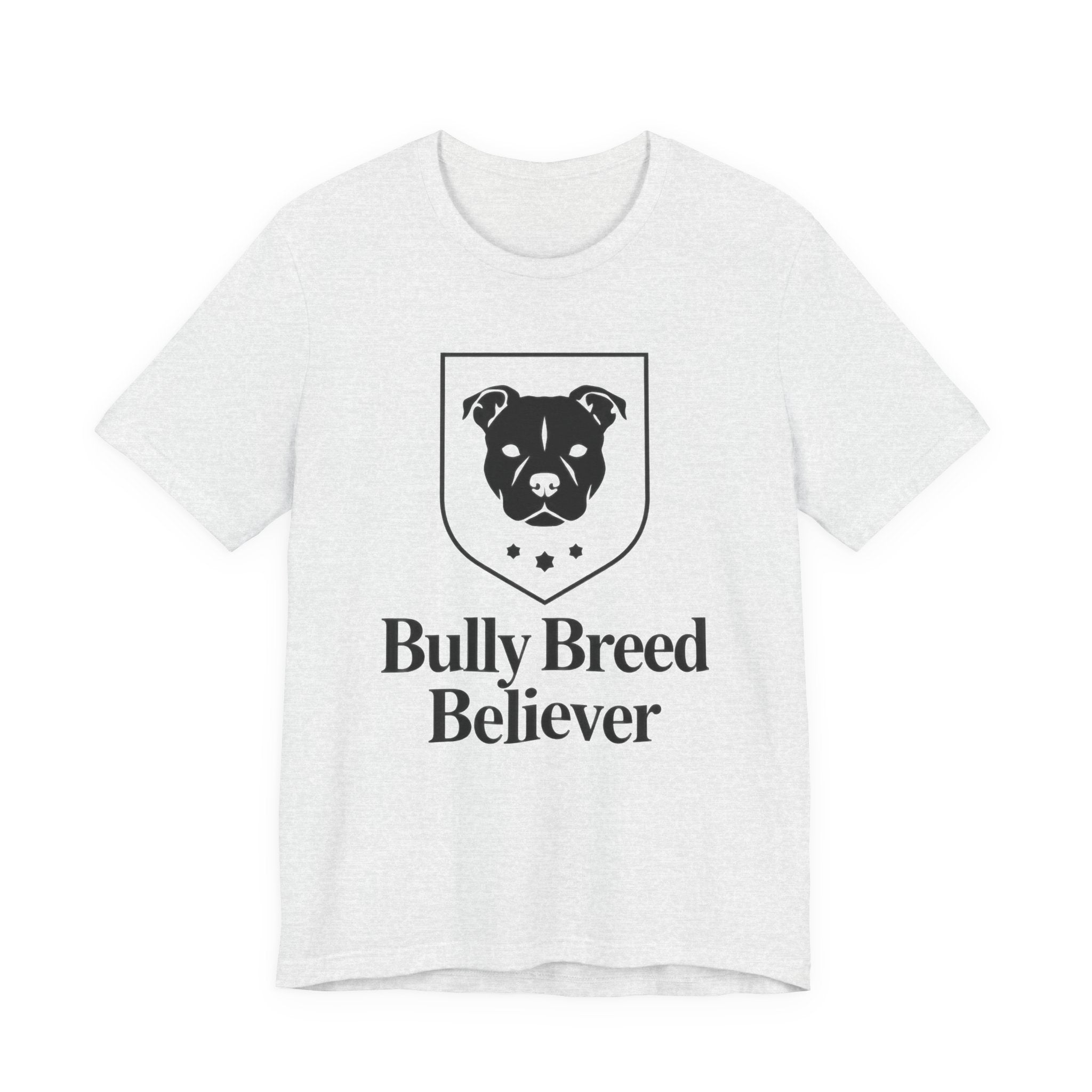 Ash t-shirt with black graphic and text 'Bully Breed Believer' on a white background