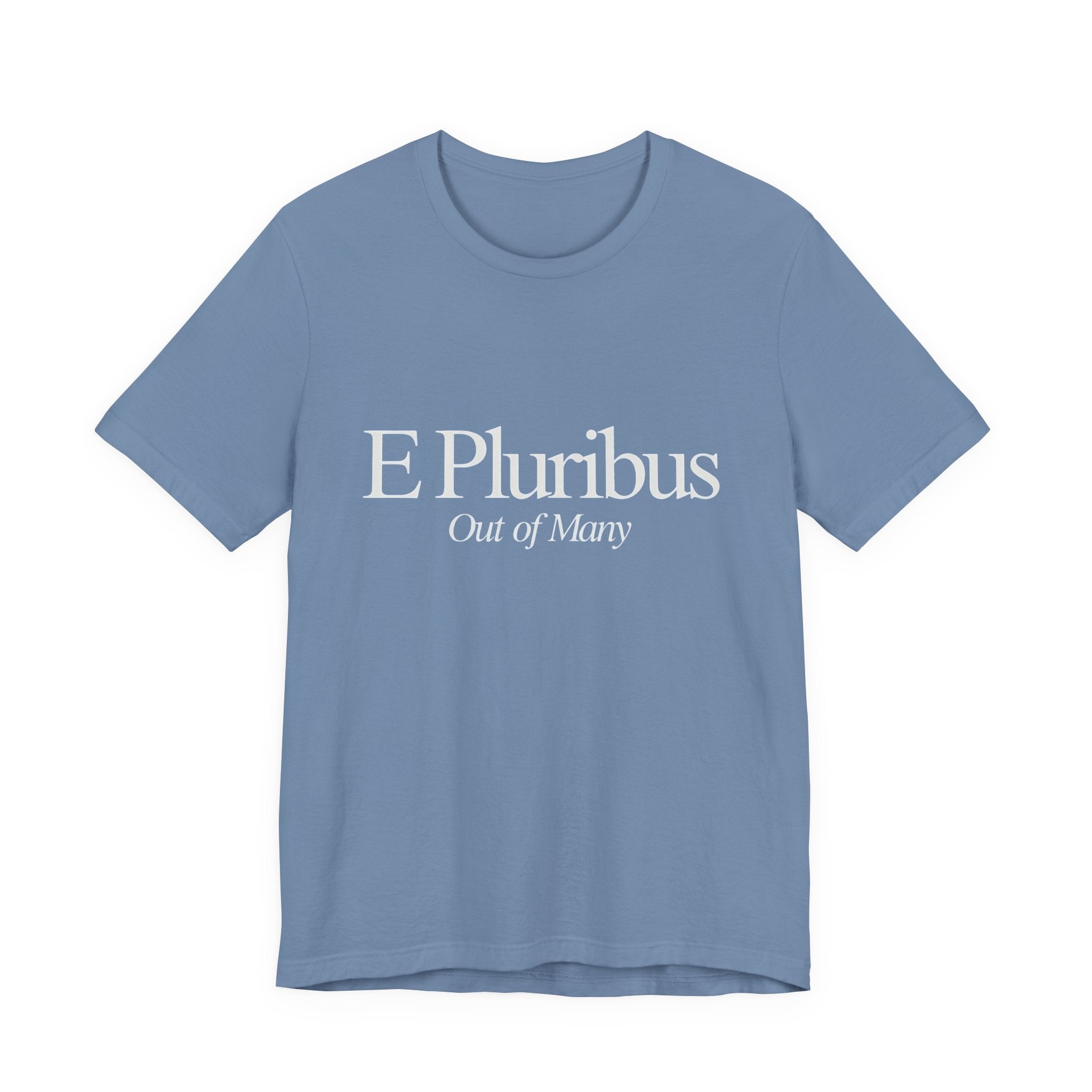 Blue t-shirt with 'E Pluribus Out of Many' text 