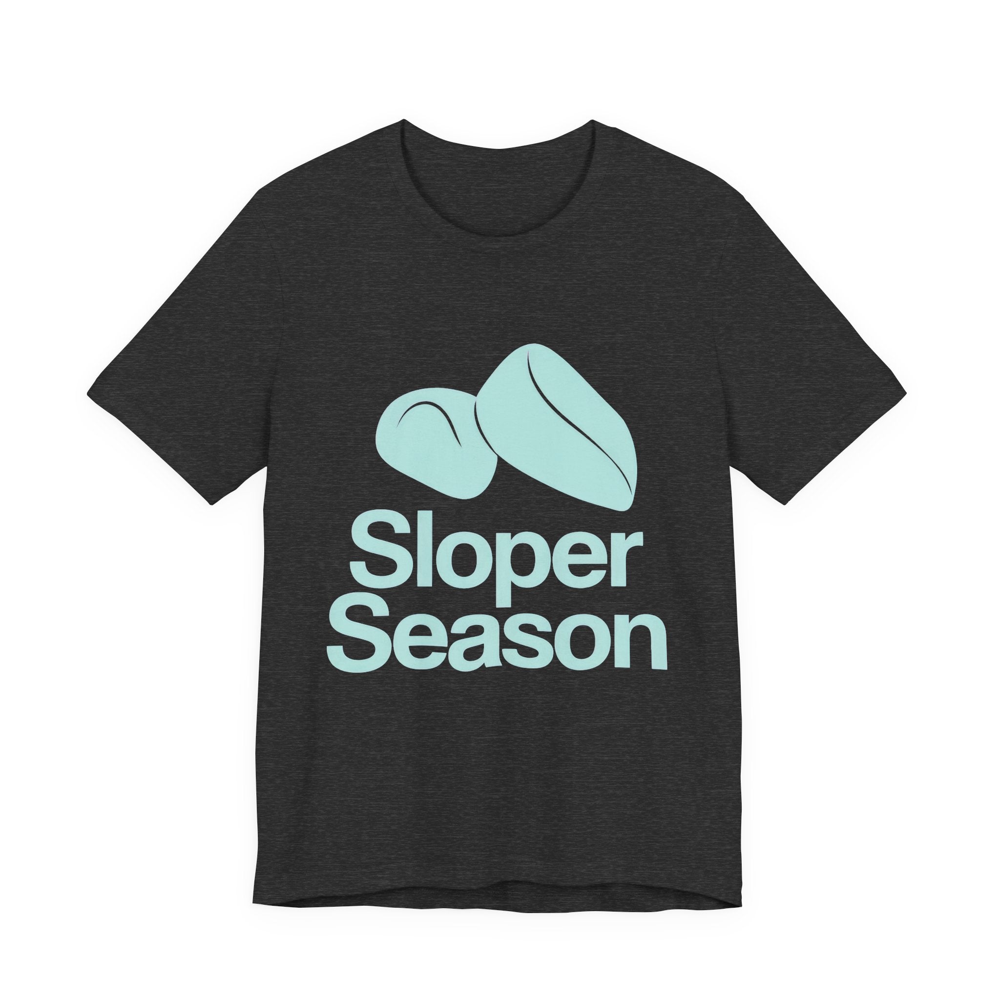 Dark gray t-shirt with 'Sloper Season' text and graphic on a white background