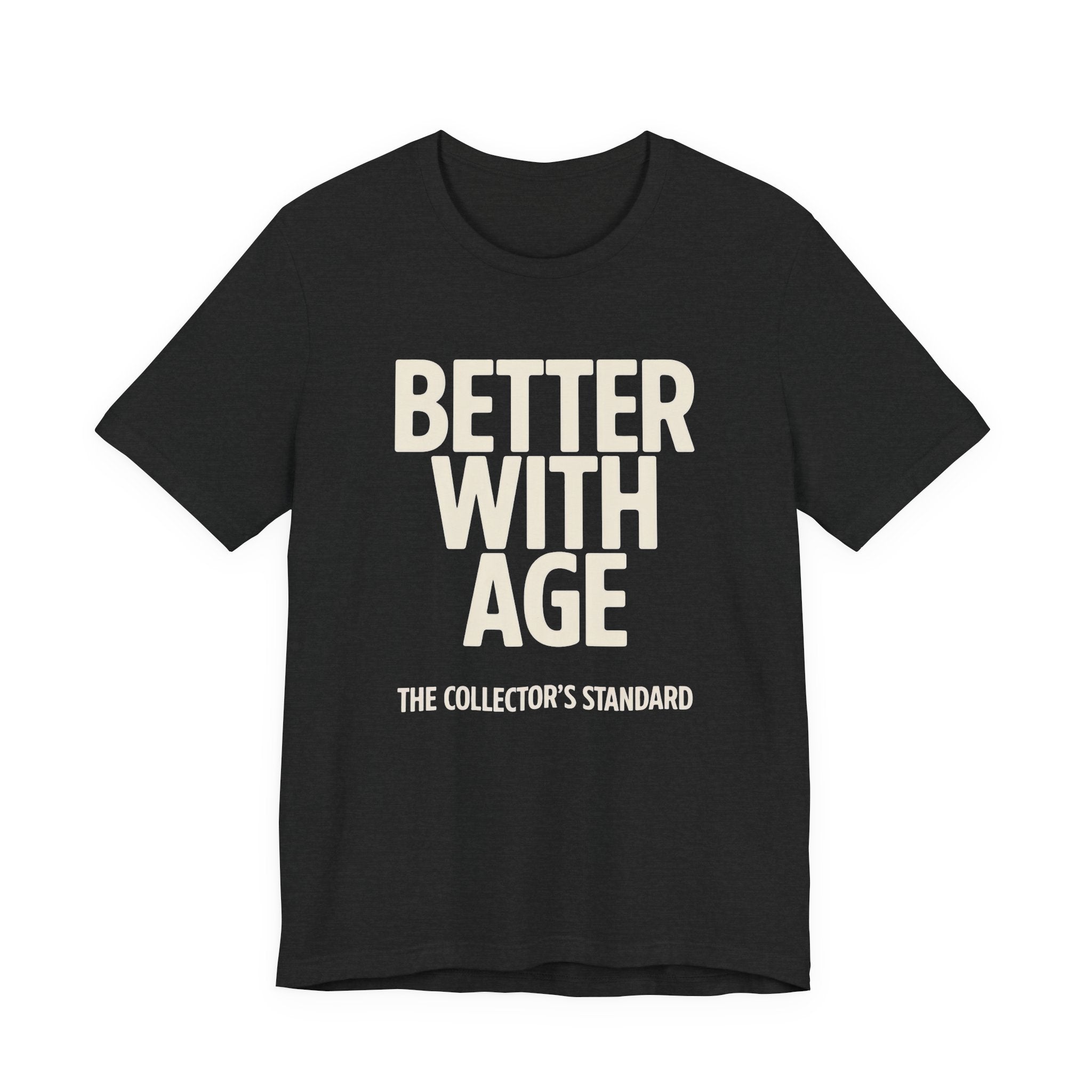 Black t-shirt with white text on a white background