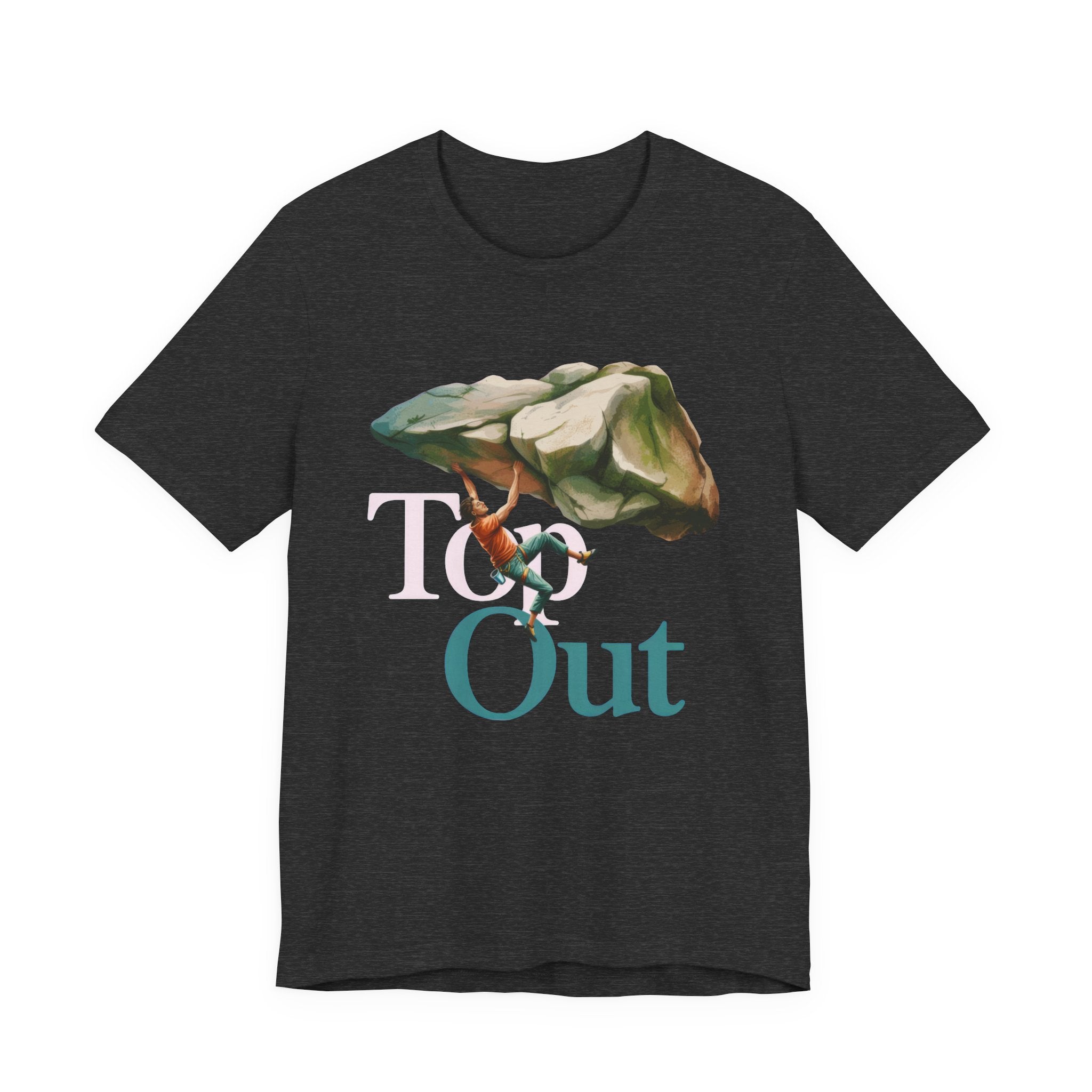 Dark gray t-shirt with a graphic design of a person climbing a rock and the text 'Top Out' on a white background.