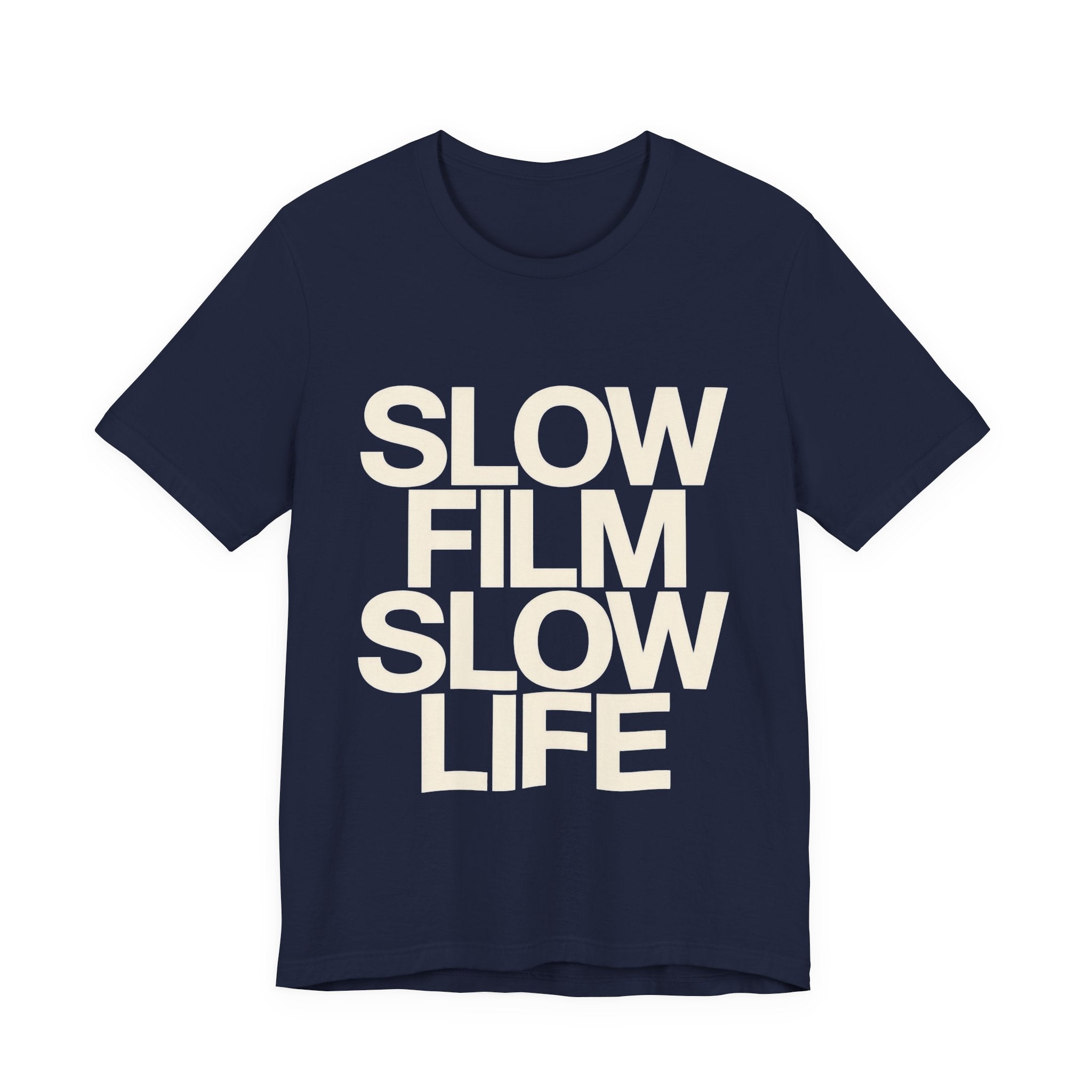 Navy t-shirt with 'SLOW FILM SLOW LIFE' text on a white background