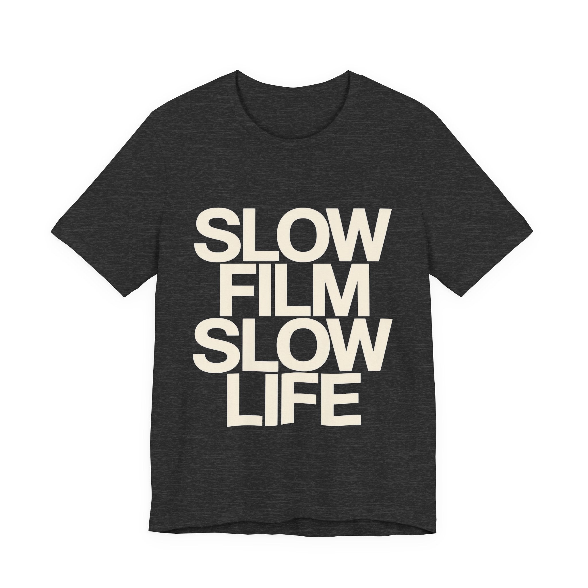 Black t-shirt with 'SLOW FILM SLOW LIFE' text on a white background