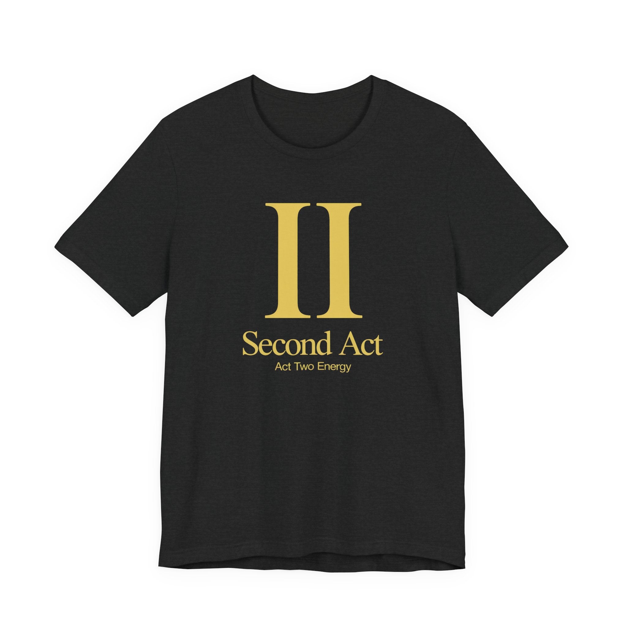 Dark grey t-shirt with gold 'Second Act' logo on a white background