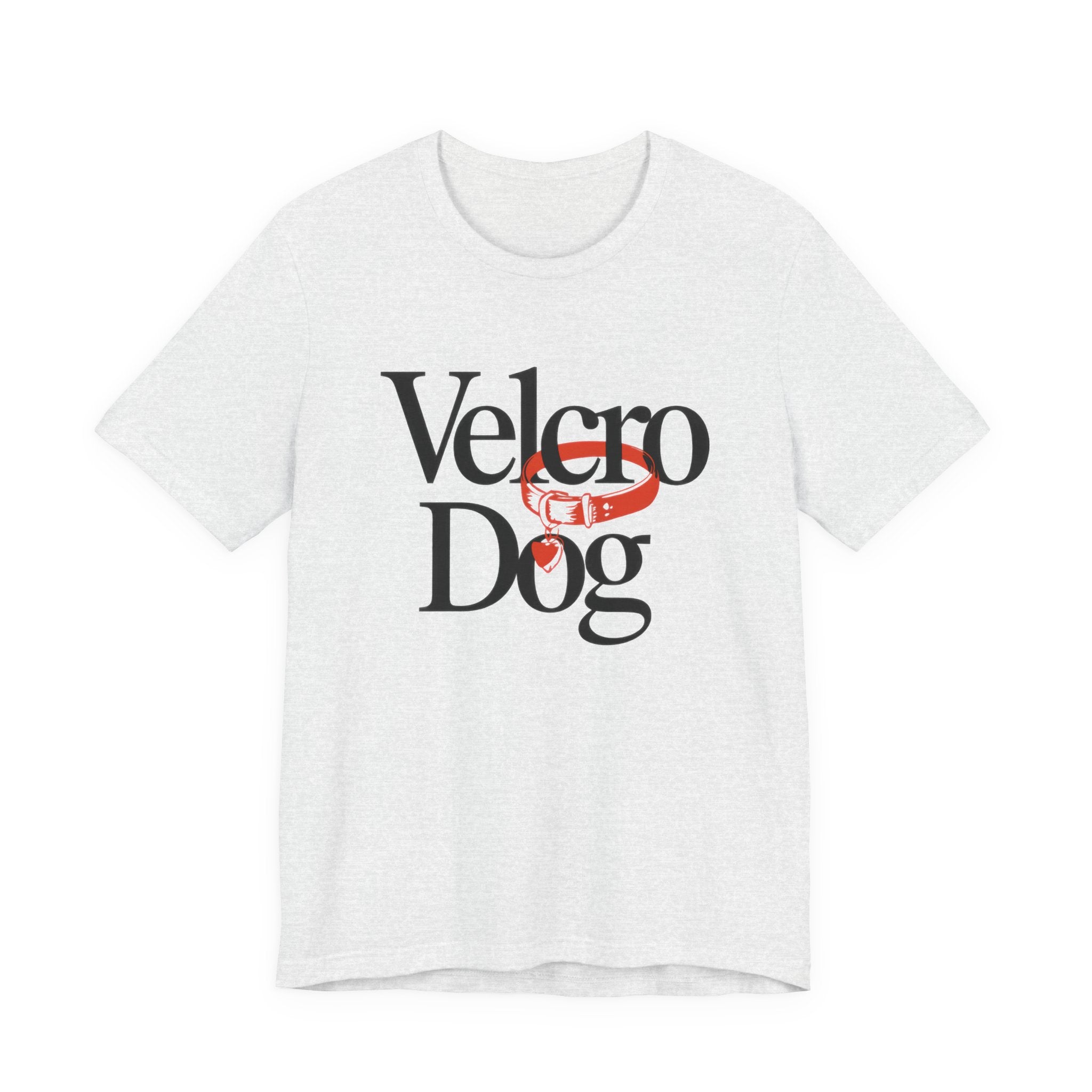 Ash t-shirt with 'Velcro Dog' text and logo on a white background
