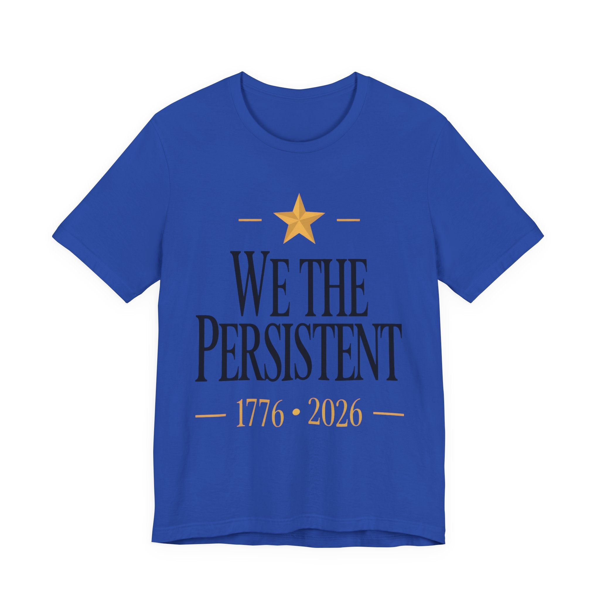 Blue t-shirt with 'We the Persistent' text and a star on a white background