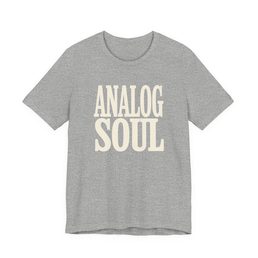 Gray t-shirt with 'Analog Soul' text on a white background