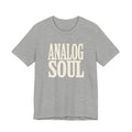 Gray t-shirt with 'Analog Soul' text on a white background