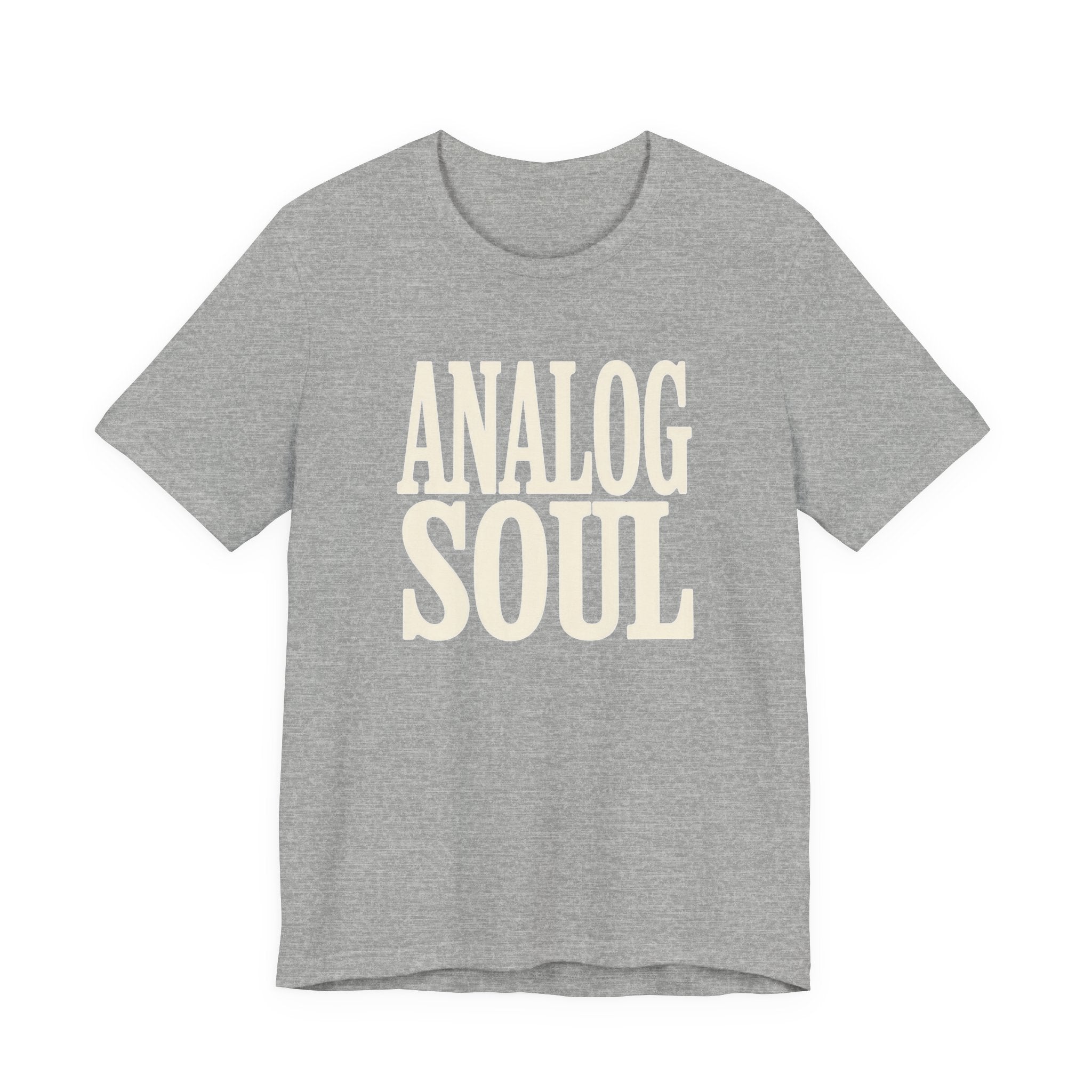 Gray t-shirt with 'Analog Soul' text on a white background
