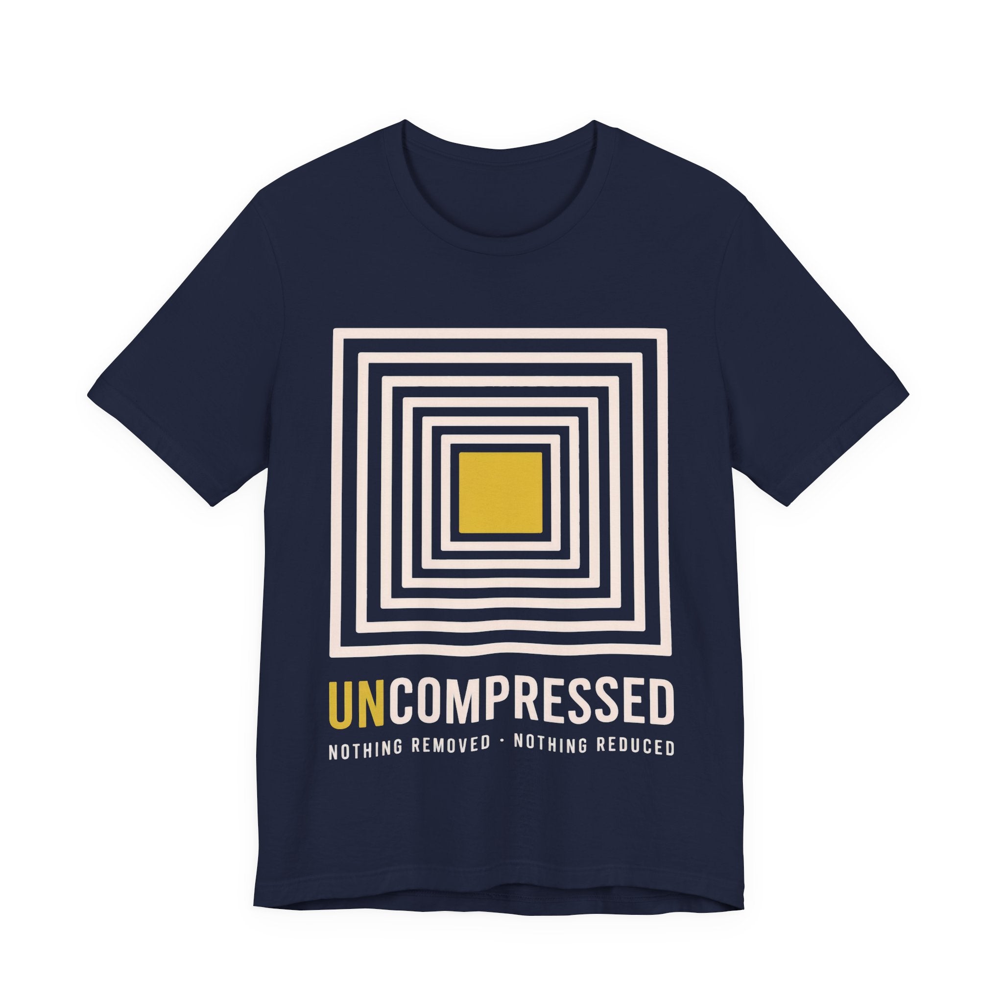 Navy t-shirt with geometric design and 'UNCOMPRESSED' text on a white background