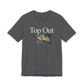Gray t-shirt with 'Top Out' text and climbing graphic on a white background