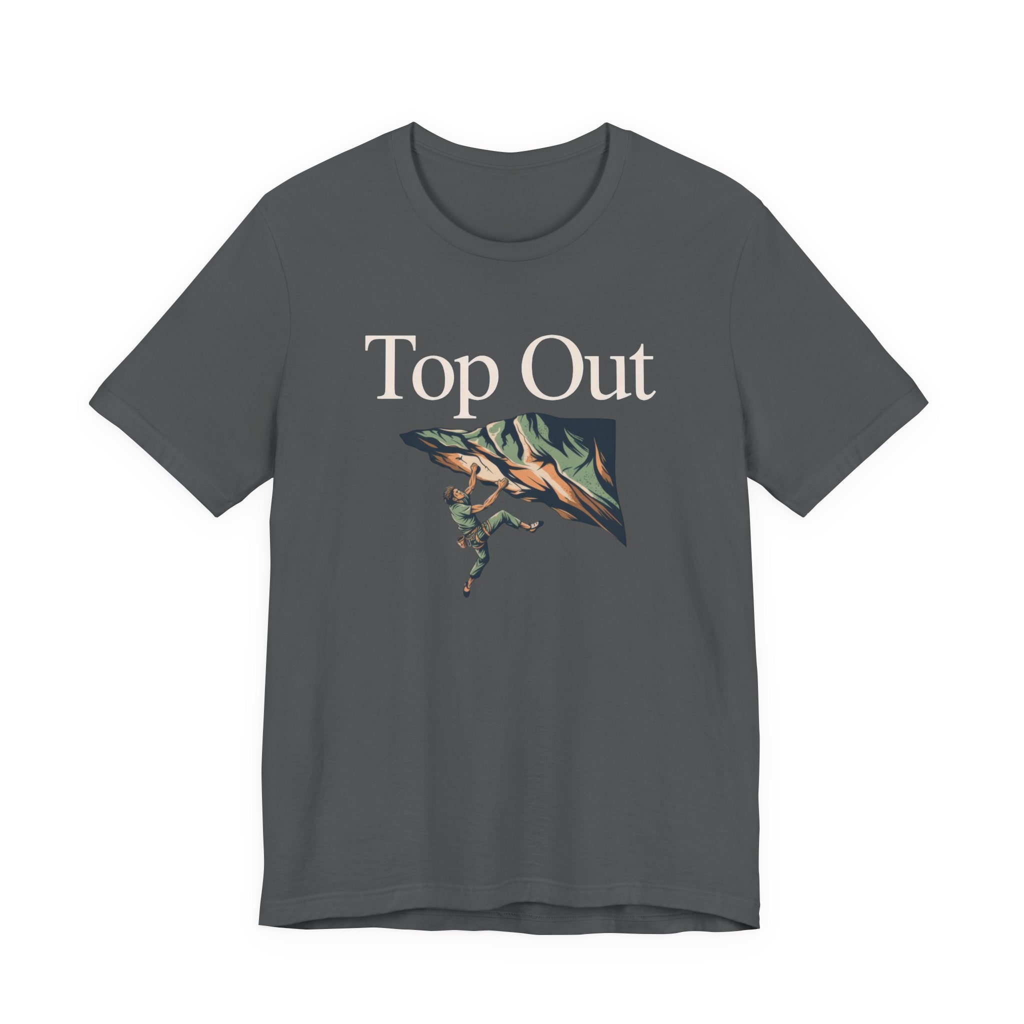 Gray t-shirt with 'Top Out' text and climbing graphic on a white background