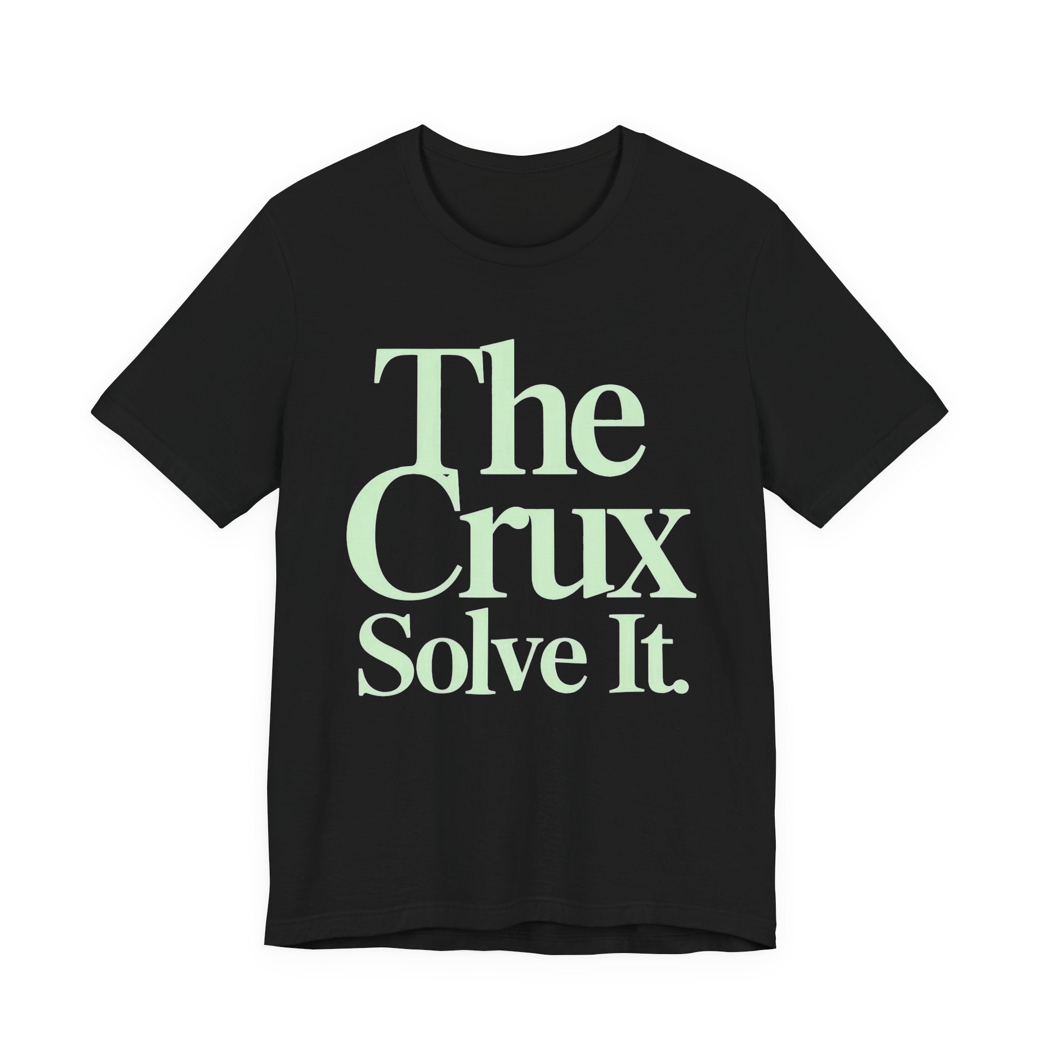 Black t-shirt with 'The Crux Solve It' text in light green on a white background.