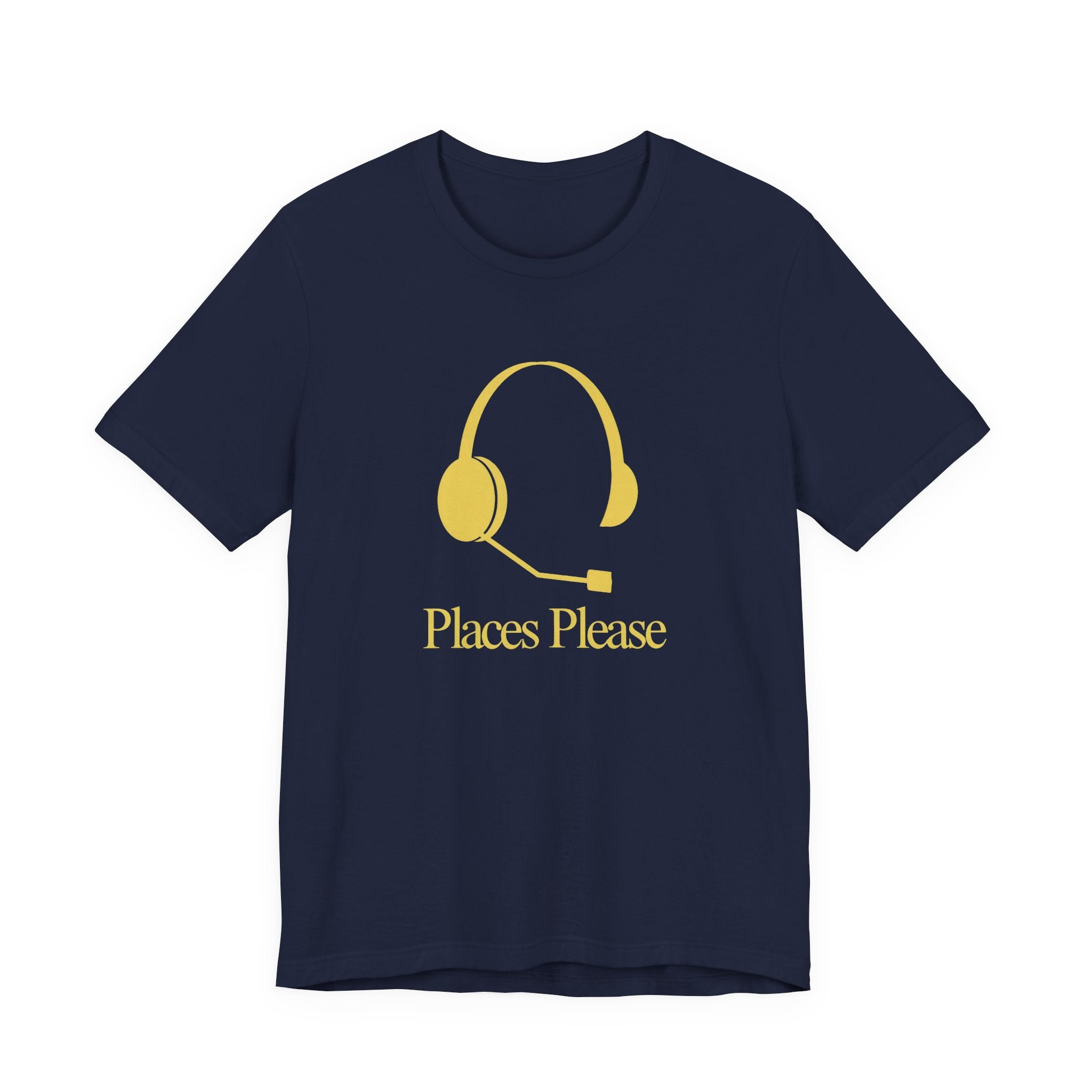 Navy blue t-shirt with yellow headset graphic and 'Places Please' text on a white background