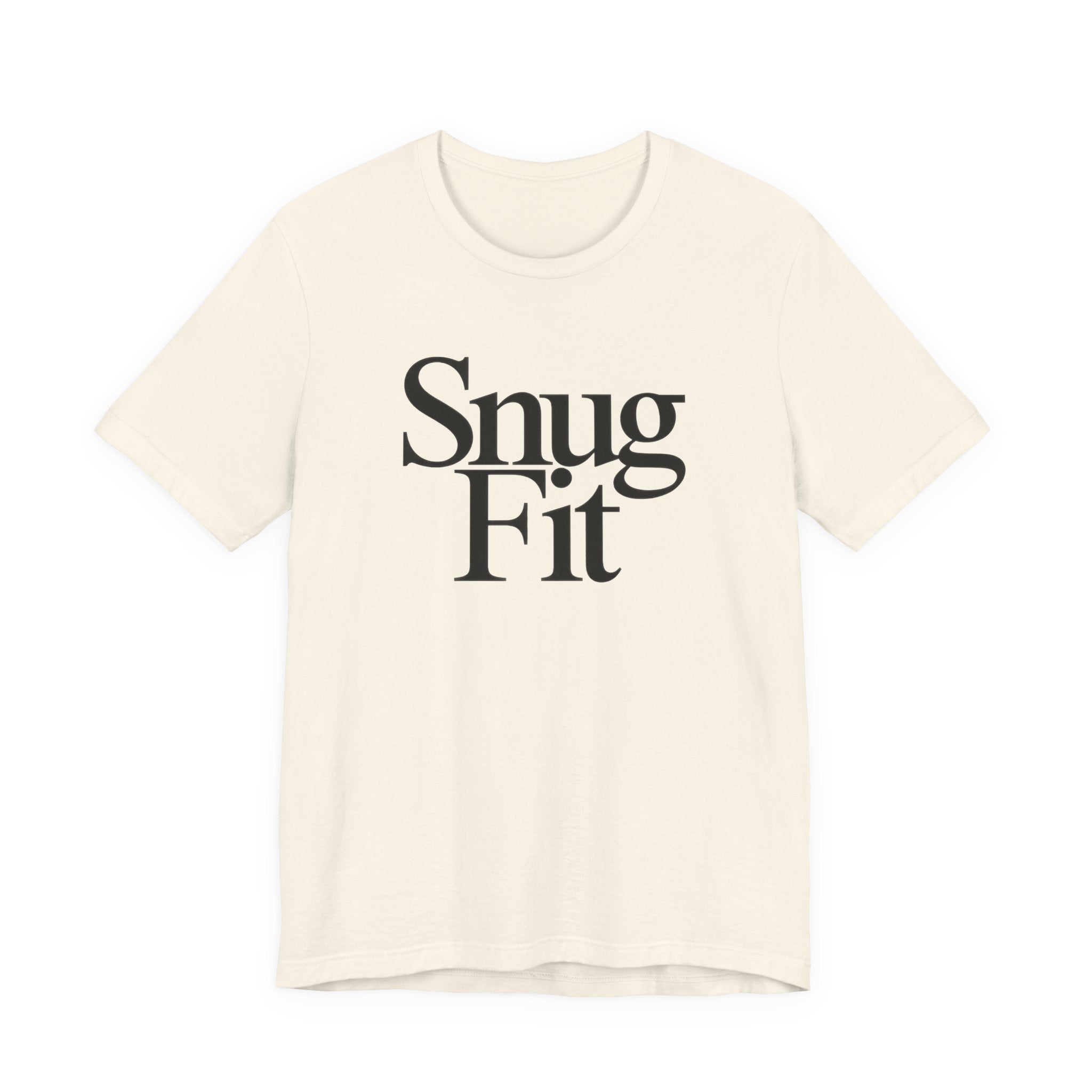 Beige t-shirt with 'Snug Fit' text on a white background